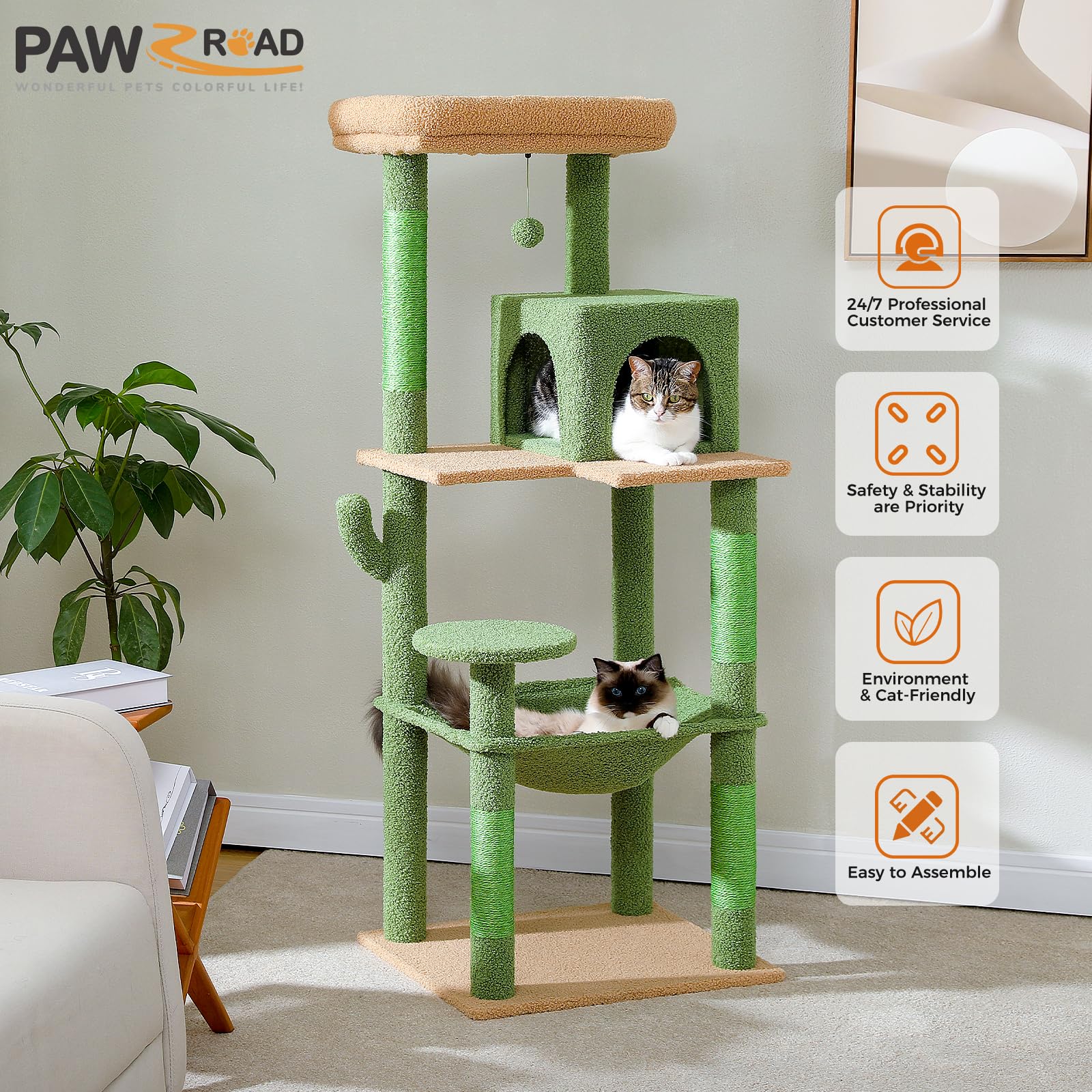 PAWZ Road Drapak dla kota z metalowo-pluszowym hamakiem, wieża dla dorosłych kotów z 2-drzwiowym domkiem, 6-stopniowe regały dla kotów ze słupkami do drapania i dużym górnym drążkiem, zielony, 143 cm