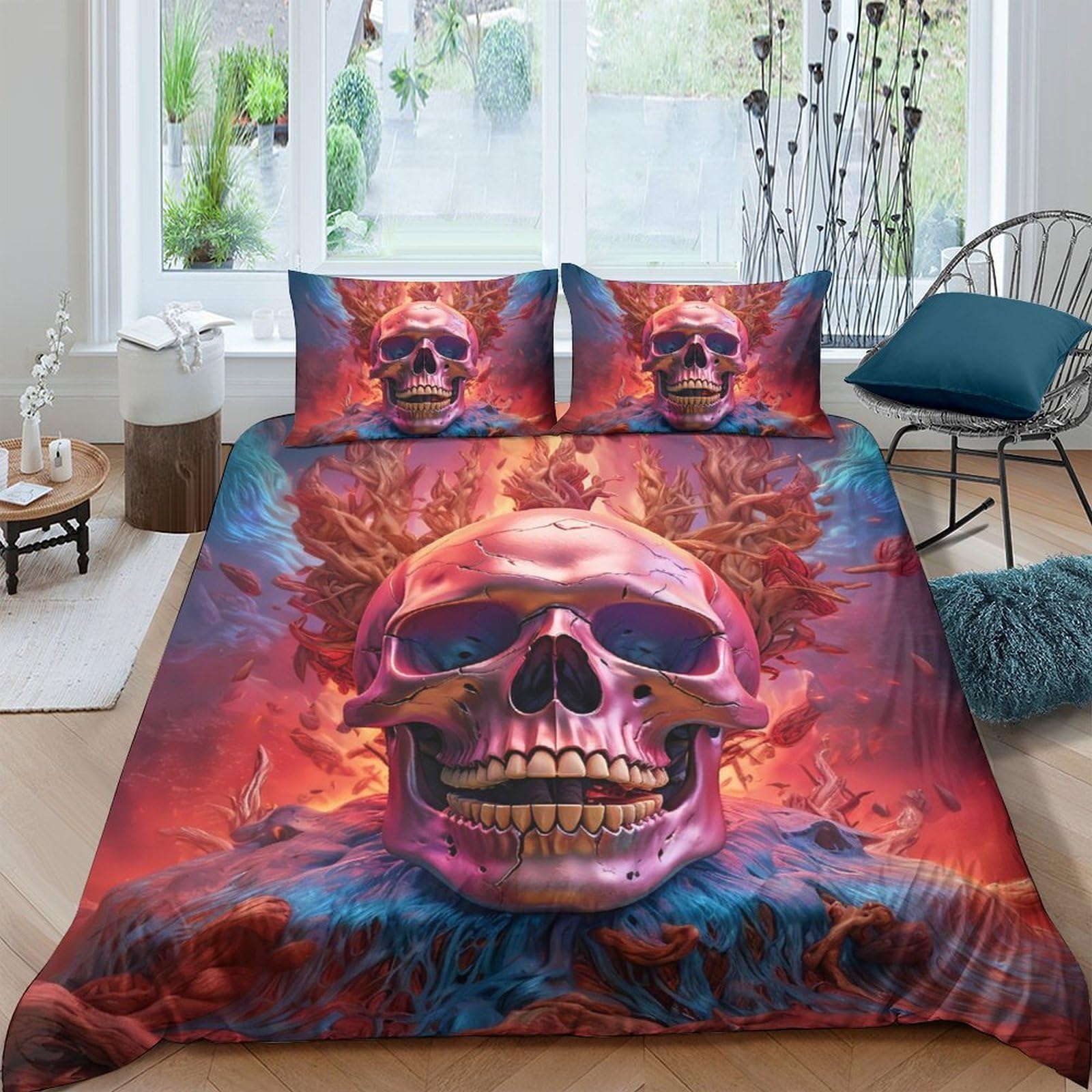Ctjqhvkz Style-10 3D Printed Flaming Skull Fitted Sheet Microfiber Red Blue Fire Mattress Cover For Bedroom Dorm Decor Easy Care Single（135X200cm）