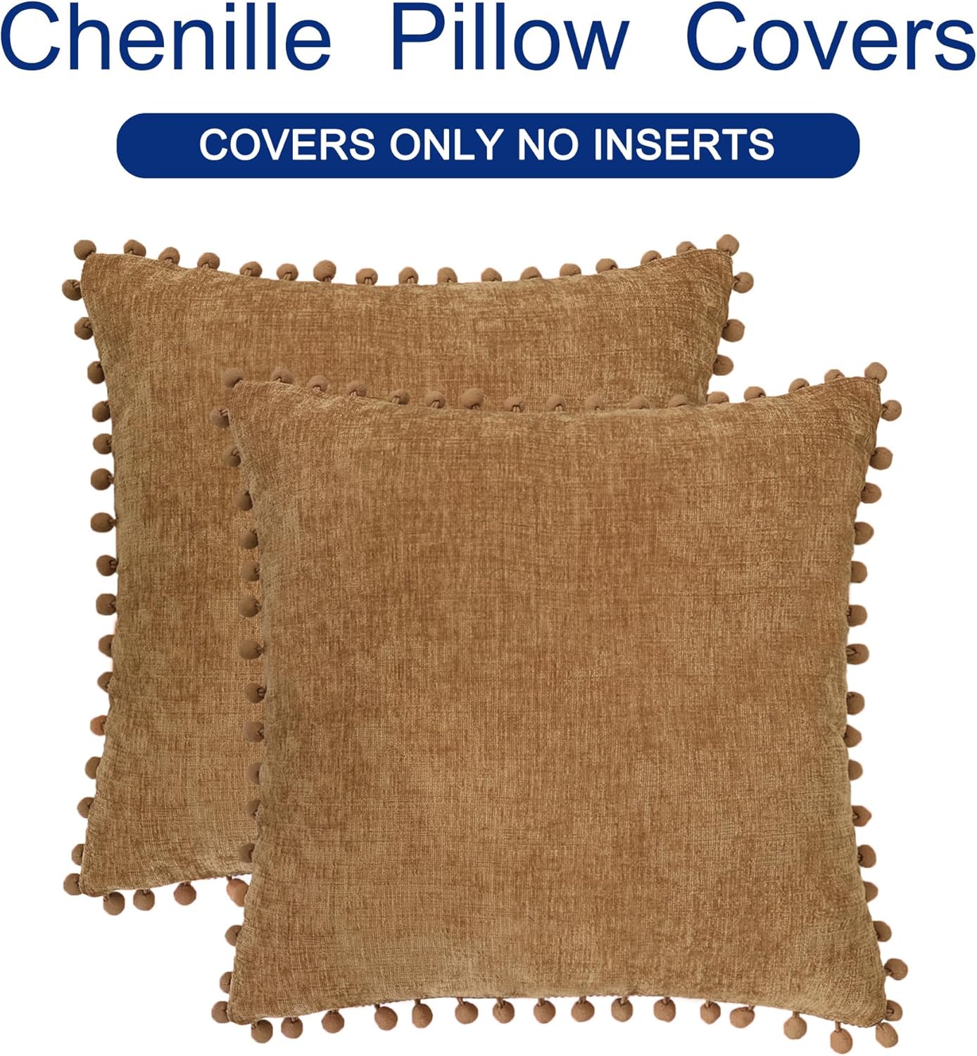CaliTime Throw Pillow Covers Decorative 18 X 18 Inches Pack of 2 Cozy Solid Dyed Soft Chenille Cushion Cases with Pom Poms for Couch Sofa Bed Living Room Home Apricot Brown