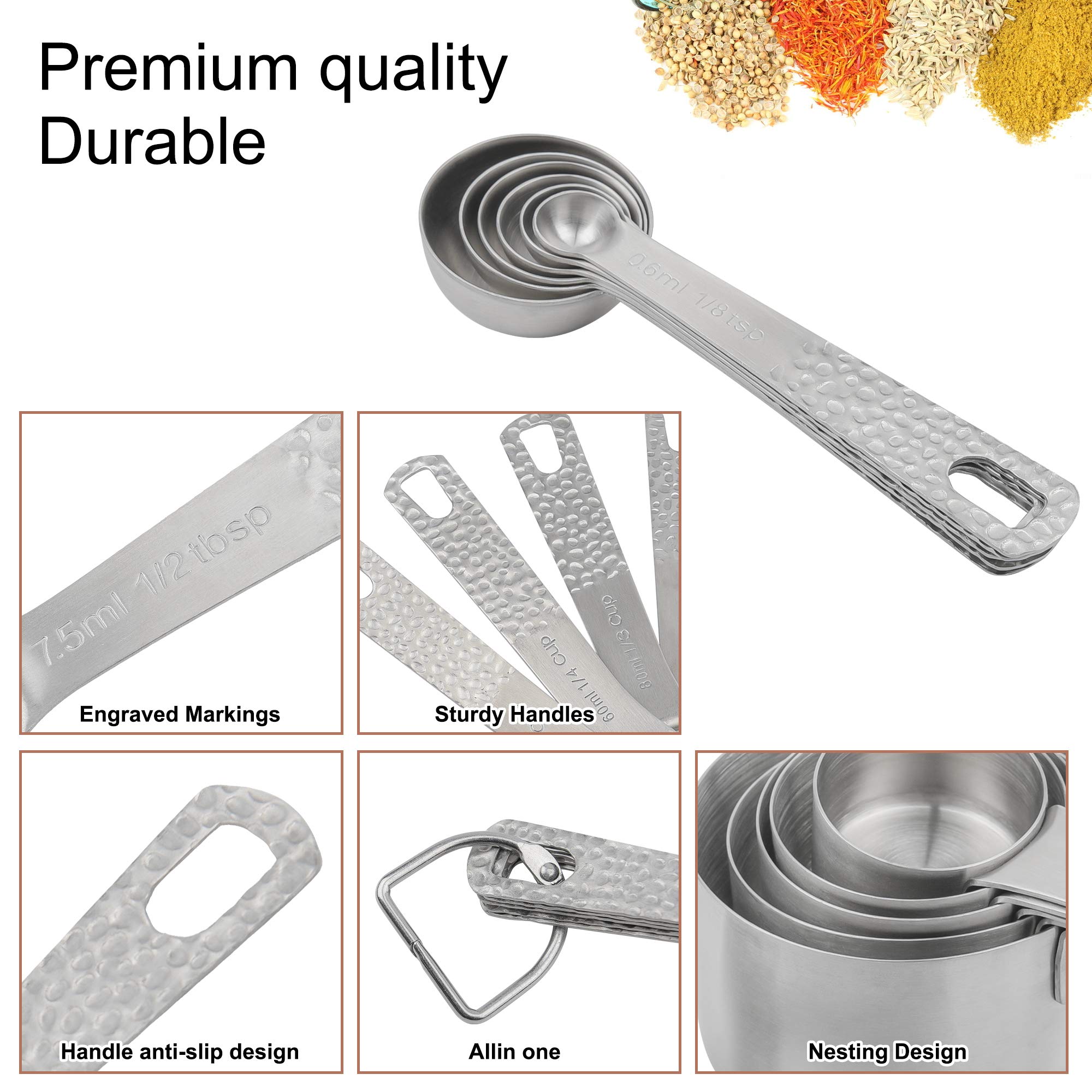 MALOGIC Smithcraft 18/8 (304) Stainless Steel Measuring Cups and Spoons Set of 15 Pieces: 5 Measure Cups and 6 Measurer Spoons and 1 Leveler and 1 Measurement Equivalents and 2 Rings Holder
