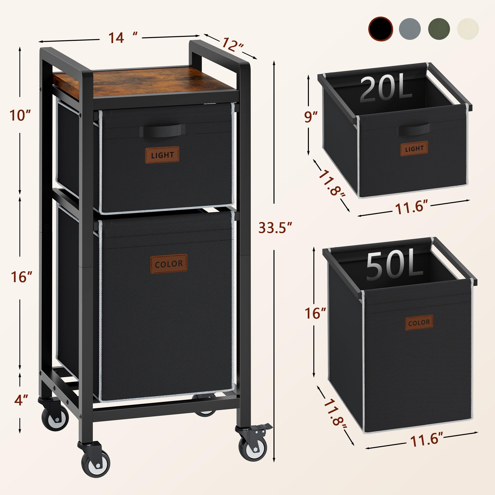 FAVOOSTY Cesto para Ropa Sucia, 2 Compartimentos, 70L, Cesta de Colada con Tablero Superior y Ruedas, Marco Metálico, Cesto Colada para Dormitorio, Baño, Dormitorio, Lavandería, Negro