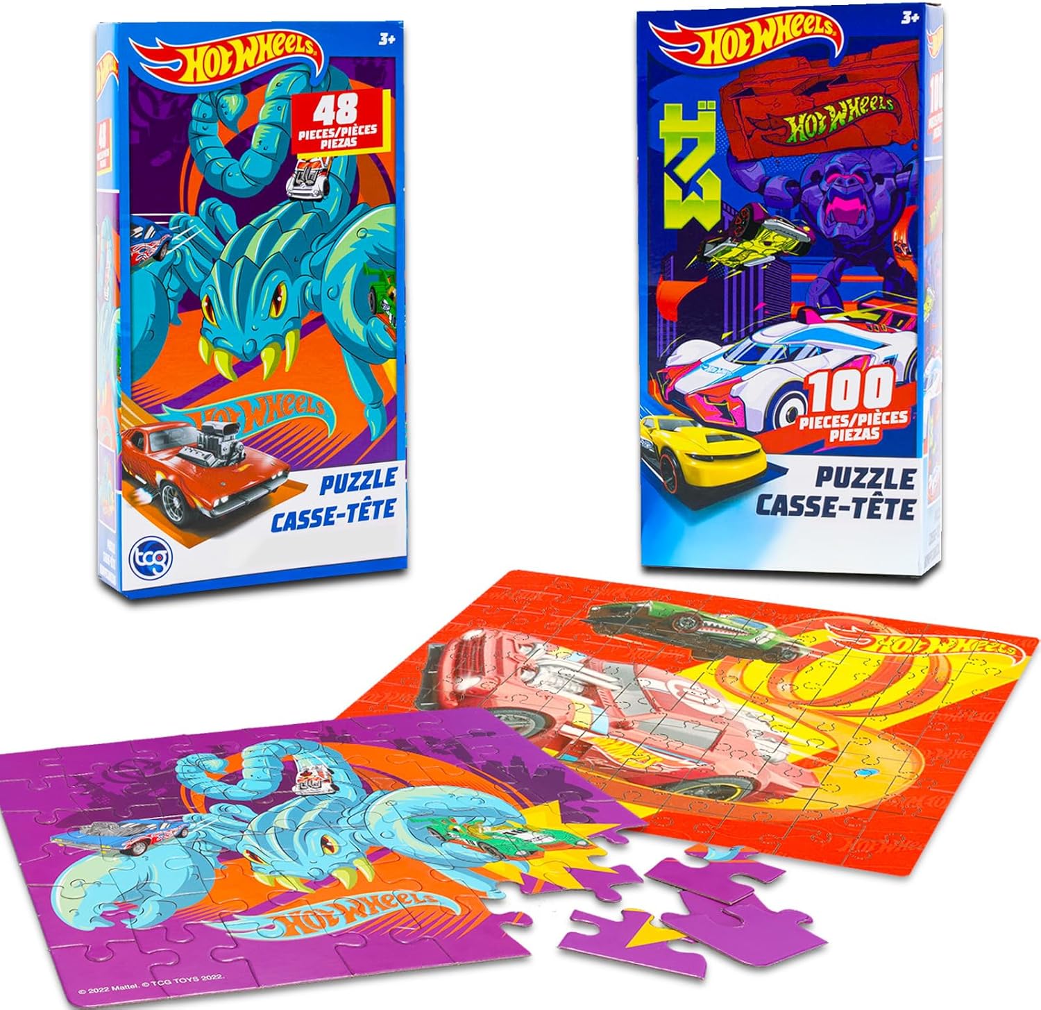 Hot Wheels Premier Jigsaw Puzzle Set - 2 Pack Bundle with 48 Pc & 100 Pc Racecar Puzzles, Temporary Tattoos, and More for Kids Adults | Hot Wheels Toys for Boys