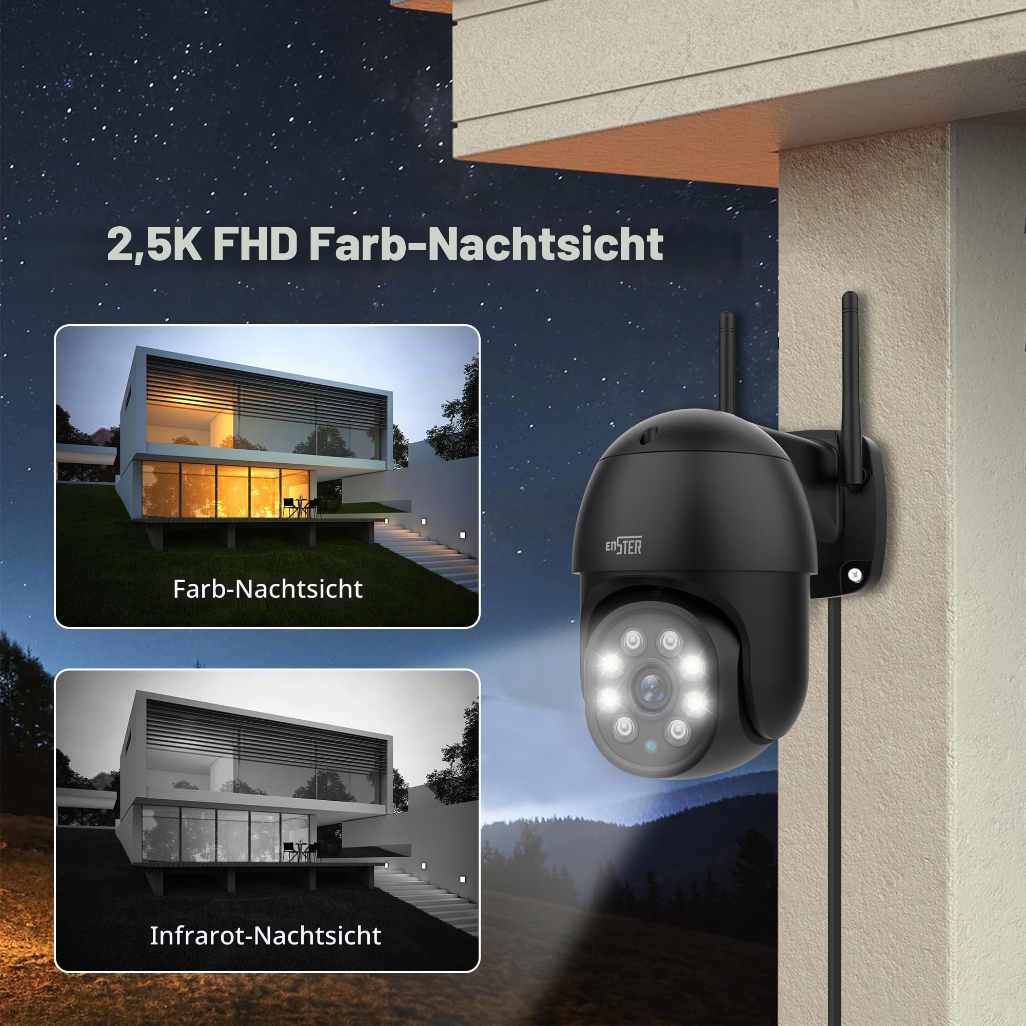 ENSTER 5MP Überwachungskamera Außen WLAN, 355° Schwenkbar, IR Nachtsicht 45m, WLAN Kamera Outdoor 2-Wege-Audio, 5G/2.4G WiFi（Black）