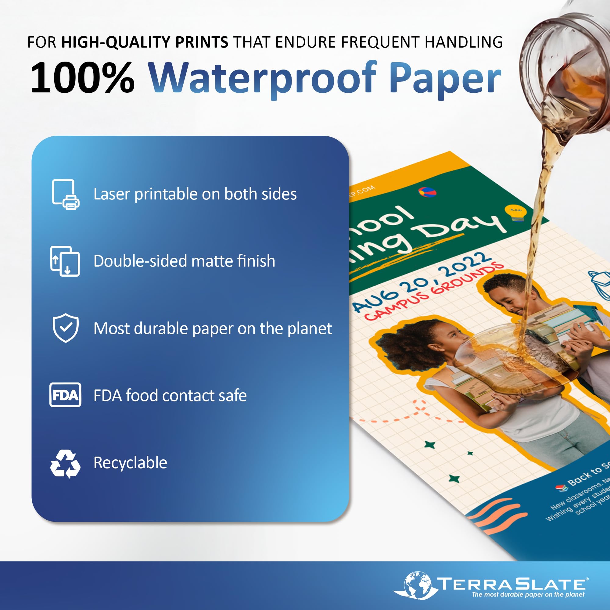 Terraslate papier 4 mil étanche imprimante laser/copie papier 21,6 x 35,6 cm Feuilles 50 Bright White
