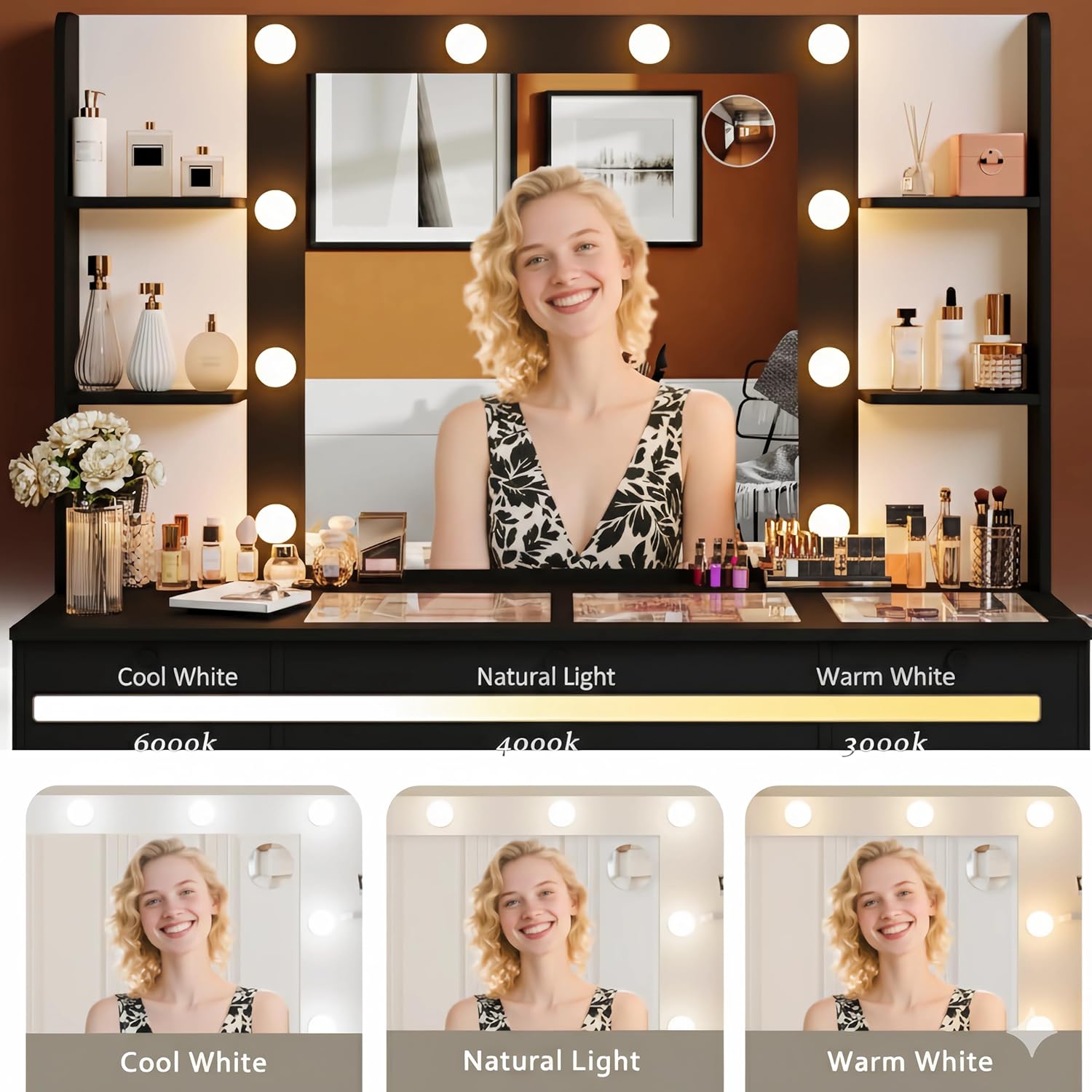 Mirror LED lights with three color temperature options: Cool White, Natural Light, Warm White