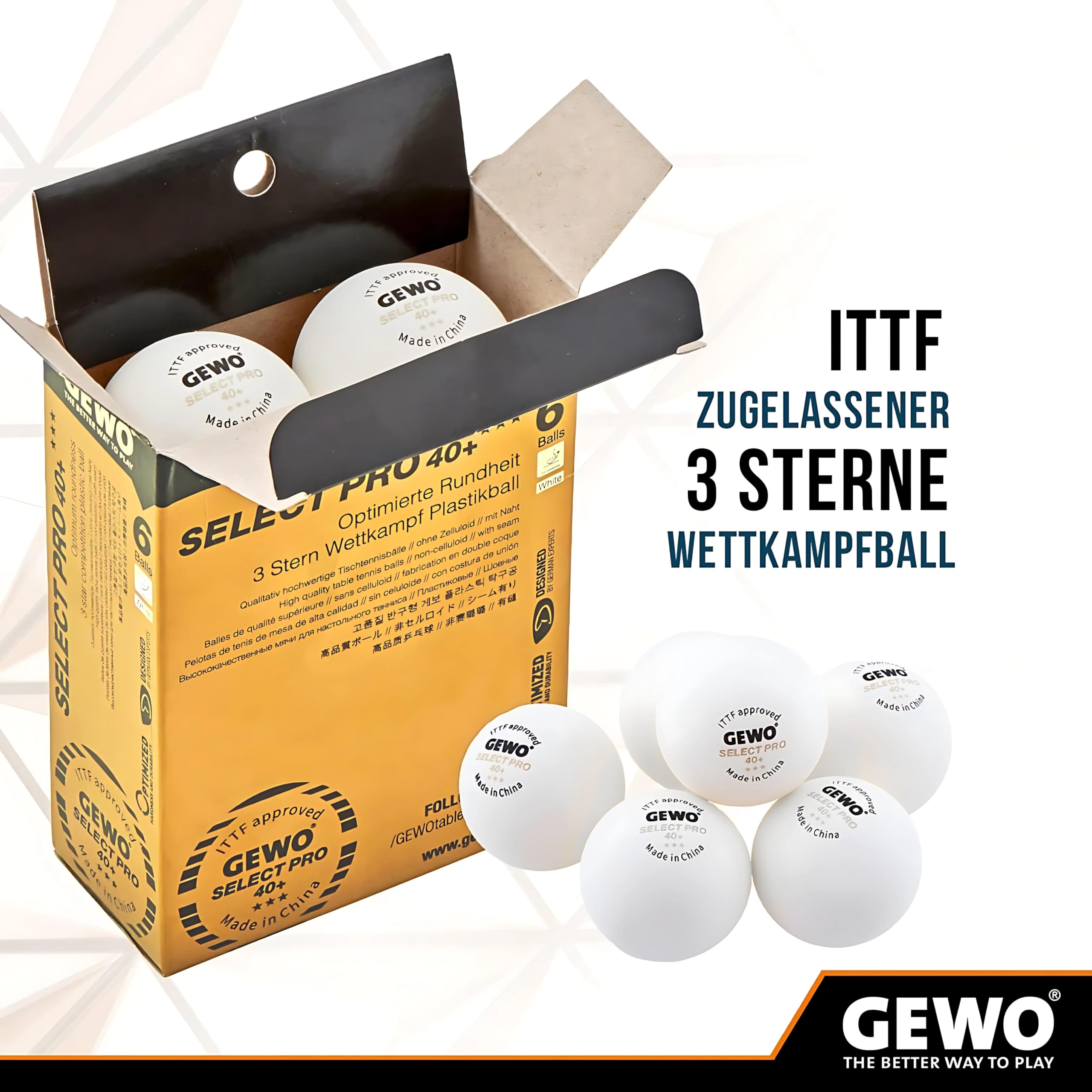 GEWO Select PRO - Palline da ping pong con 3 stelle in plastica 40+ con cucitura, certificate ITTF, 6 palline da ping pong professionali di alta qualità, diametro 40 mm, colore bianco
