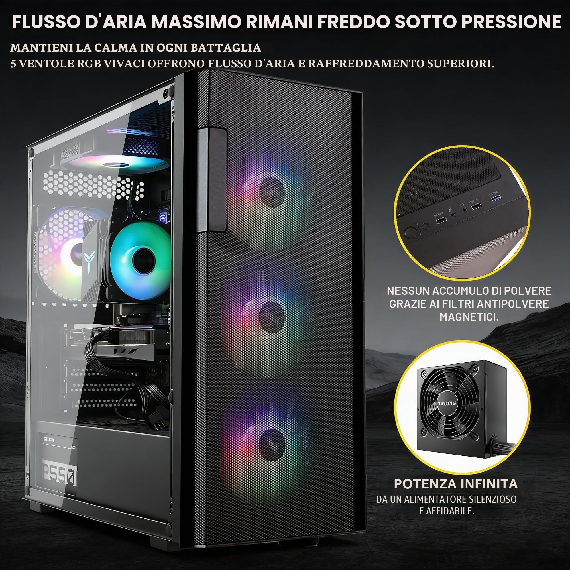 Gaming PC Core i5-14400F, GeForce RTX 4060TI, B610, RAM DDR4 16GB(8GB*2) 3200MHz, SSD NVMe da 1TB, P700W, 5 ventilatori RGB, WIFI, PC di gioco e creazione potente