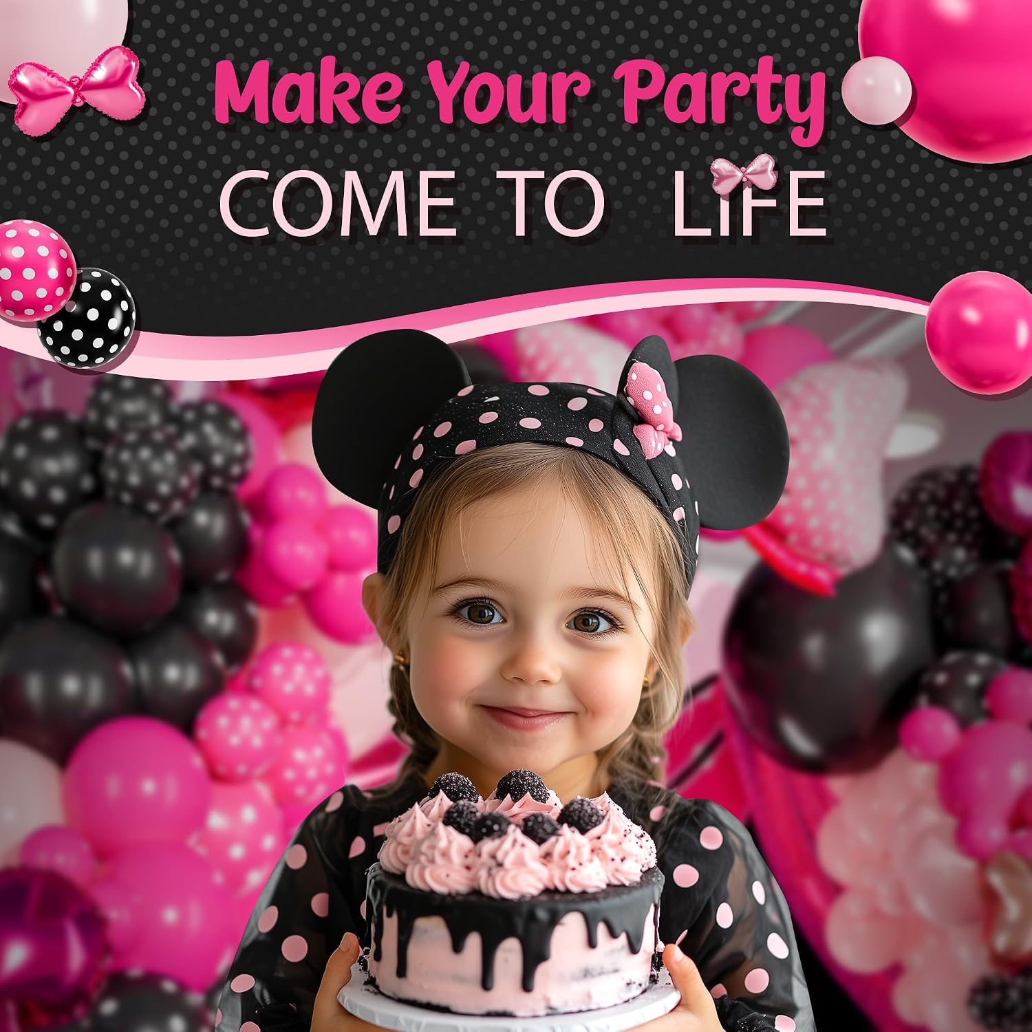 ALL-IN-1 Pink and Black Balloon Arch Kit with BONUS Bow & Head Balloons - Pink and Black Cartoon theme Balloons for Birthday Decorations & Party Supplies for Girl Birthday Party, Baby Shower
