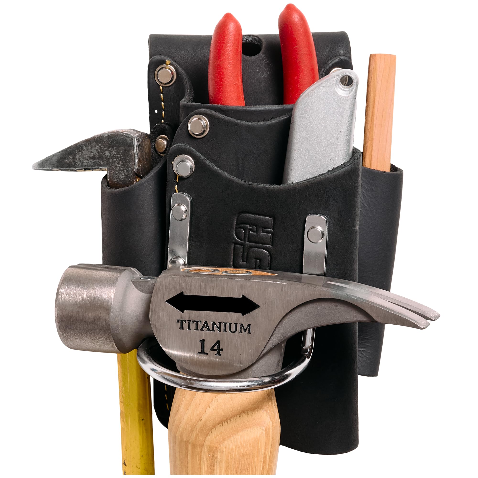 FESA Small Leather Tool Pouch - 5-in-1 Heavy Top Grain Leather Small Tool Pouch with a Steel Hammer Loop, 4 Pockets & Reinforced Heavy Duty Rivets -