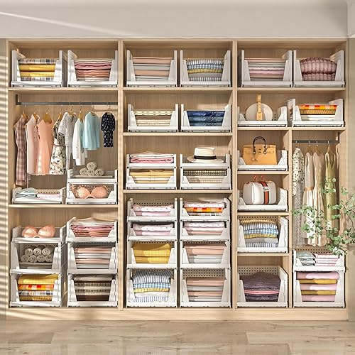 Miniatura 2 de MSHOMELY Paquete de 5 cestas de almacenamiento apilables de plástico para armario, organizadores plegables de armario y contenedores de