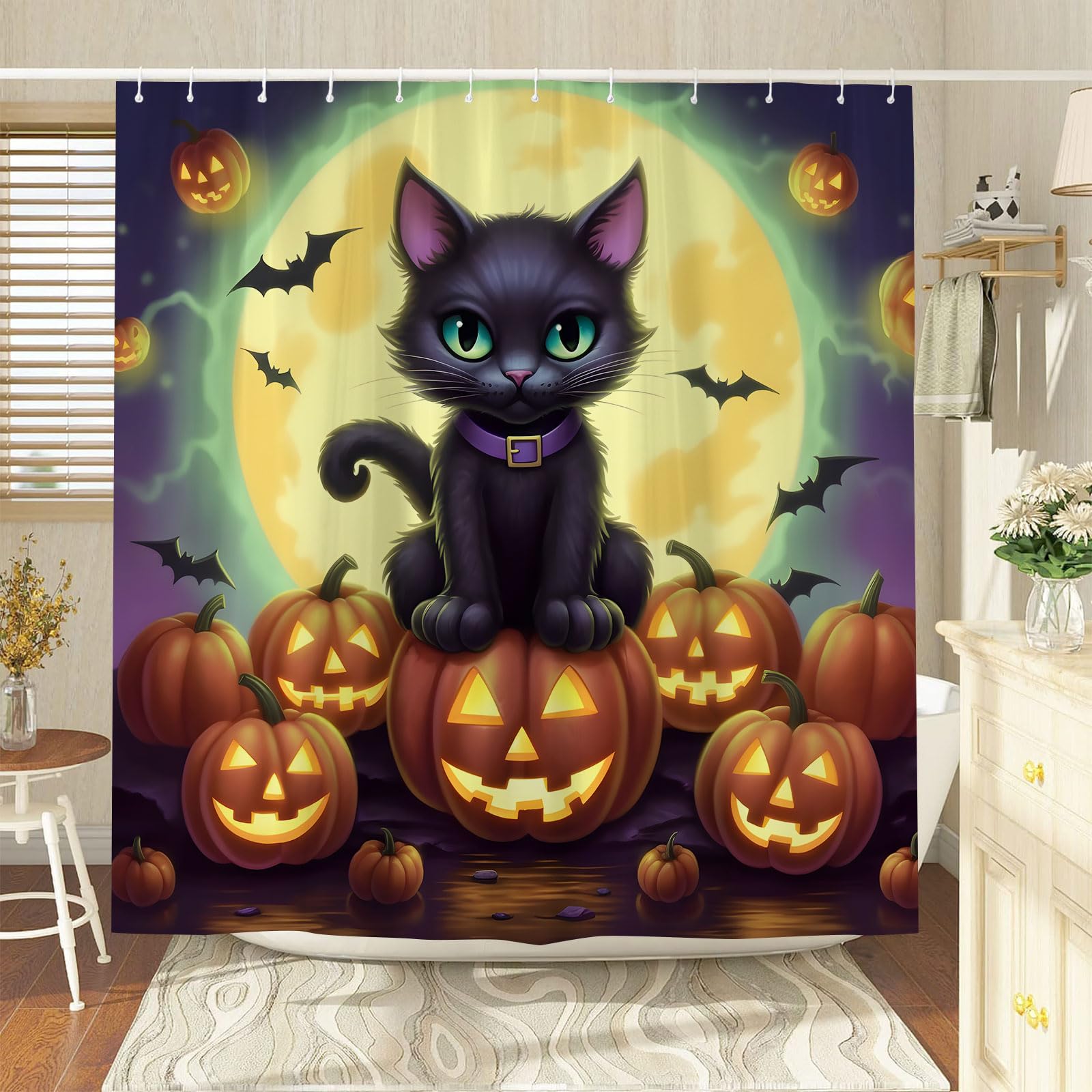 Kalmico Halloween Duschvorhang – Gothic Design Mit Katzen, 152x183 Cm, Wasserabweisend, Inkl. 12 Haken