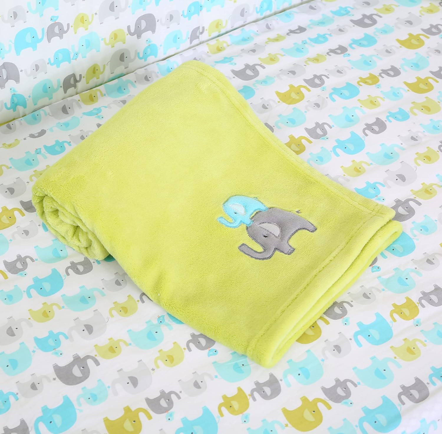 Sweet Baba Luxury Elephant Crib Bedding Set for Boys-Blue/Green/Grey,5 PC Set Includes Quilt/Fitted Sheet/Crib Skirt/Blanket,100% Soft Natural Cotton Baby Nursery Set- Neutral Forest Theme : Baby