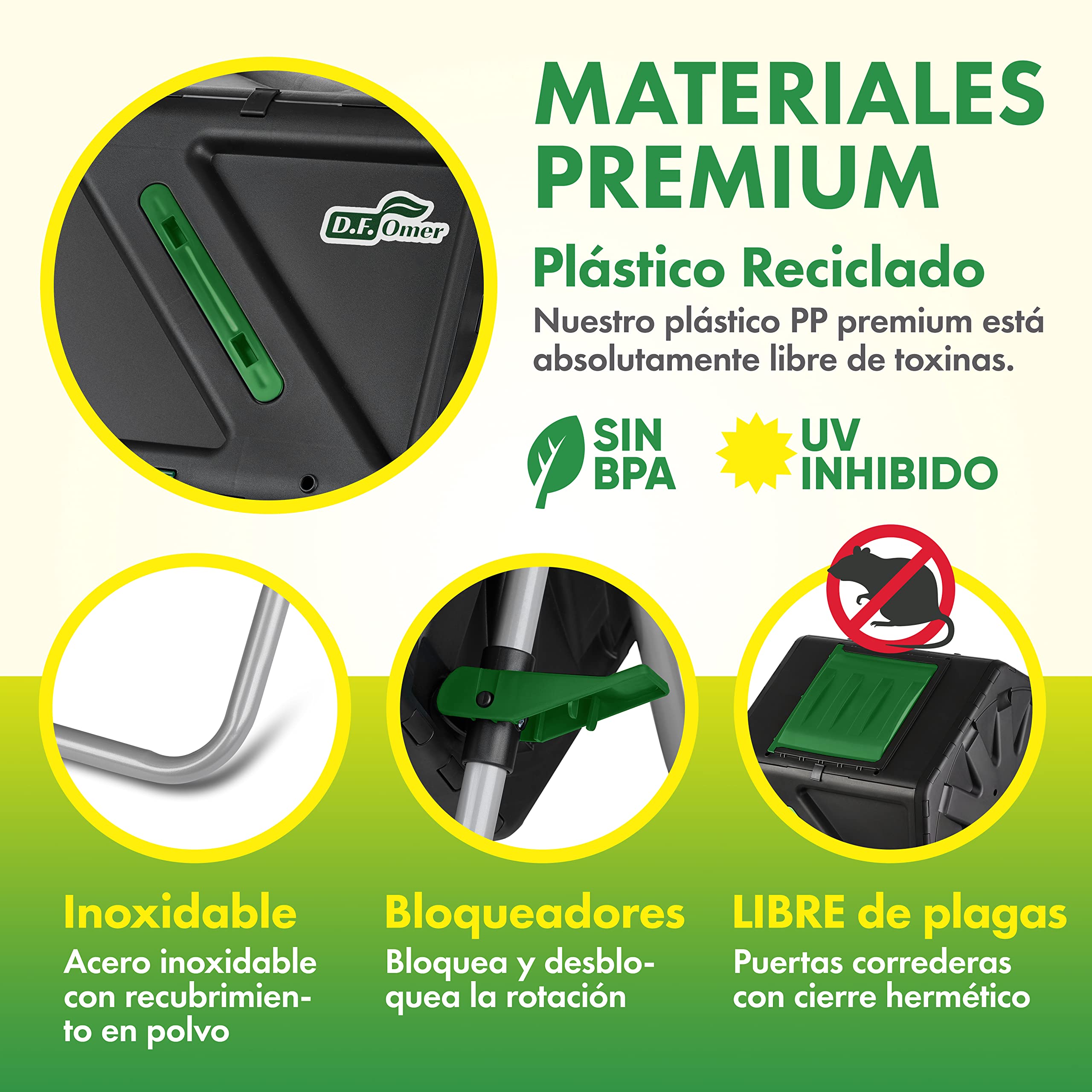 DF OMER Contenedor De Compostaje De Una Cámara para Jardín Al Aire Libre - Diseño Compacto Capacidad De 105L - Compostador De Barril con Tambor Rodante Resistente
