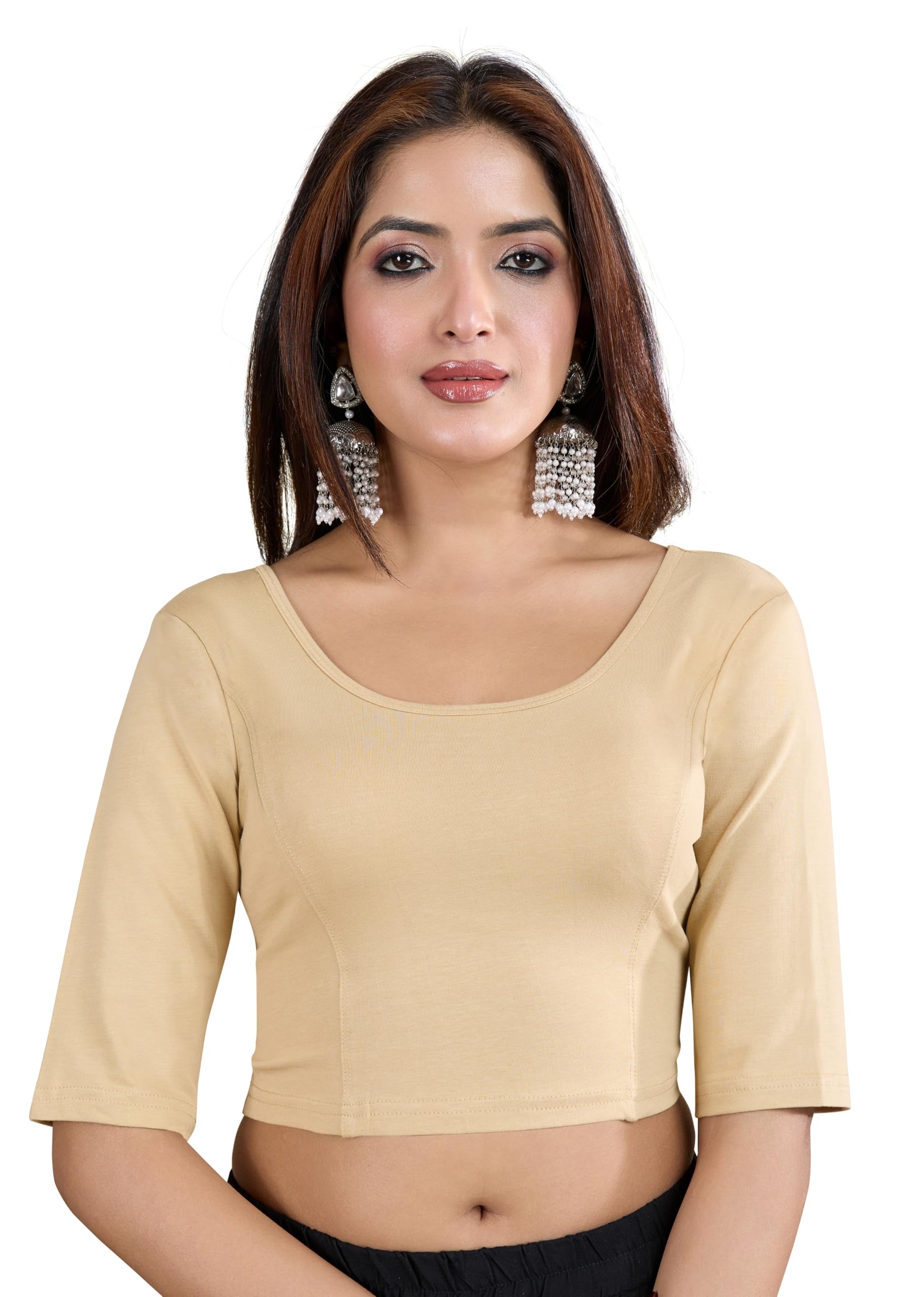 trendmalls Women's Pure Cotton Elastane Stretchable Readymade Round Neck Elbow Length Sleeves Blouse Choli Stylish Saree Blouse Ready to Wear-picture-18