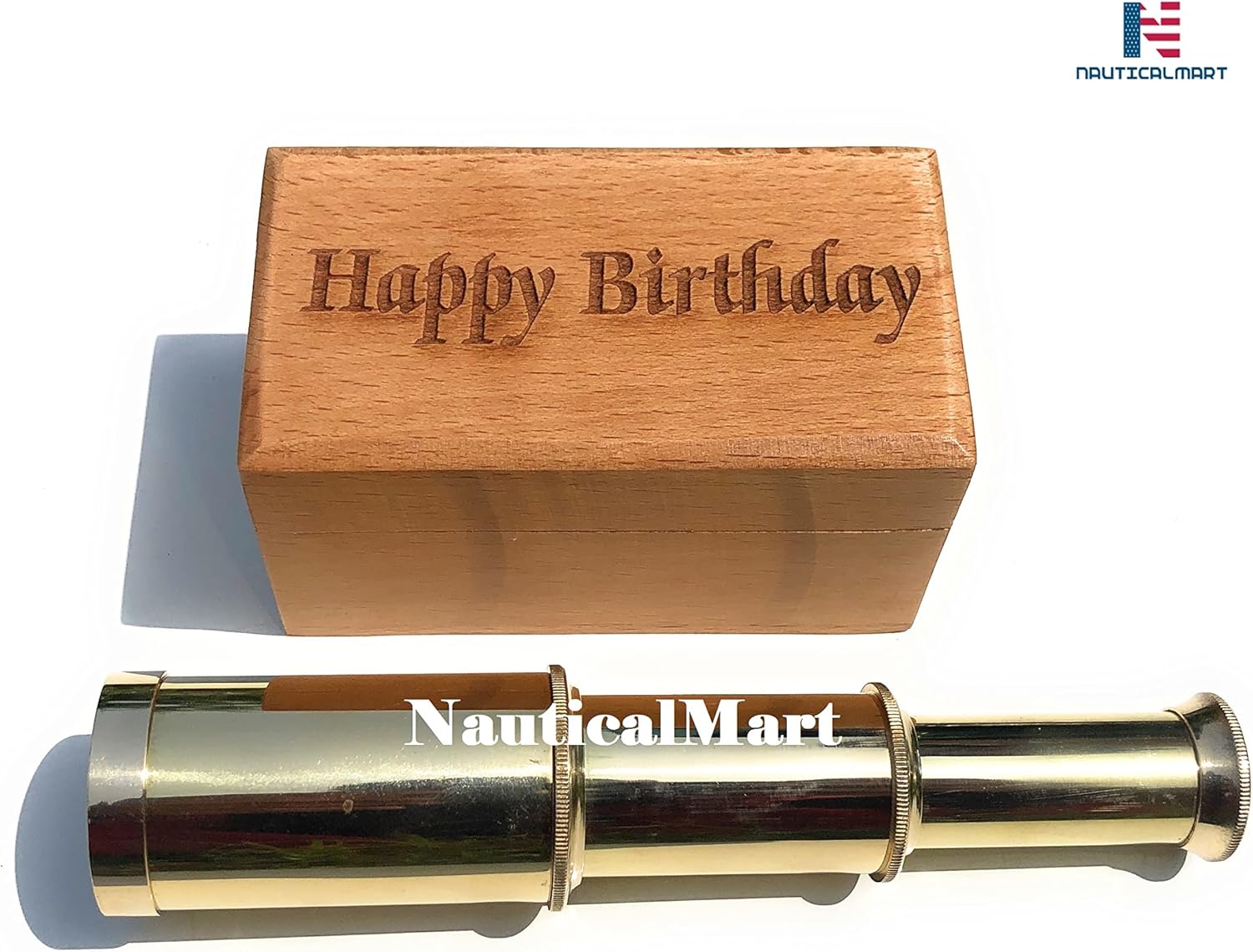 Brass Telescope Pirate Spyglass with Personalized Wooden Box 6 Inch Handheld Nautical Sailor Gift (Birthday Design 3)