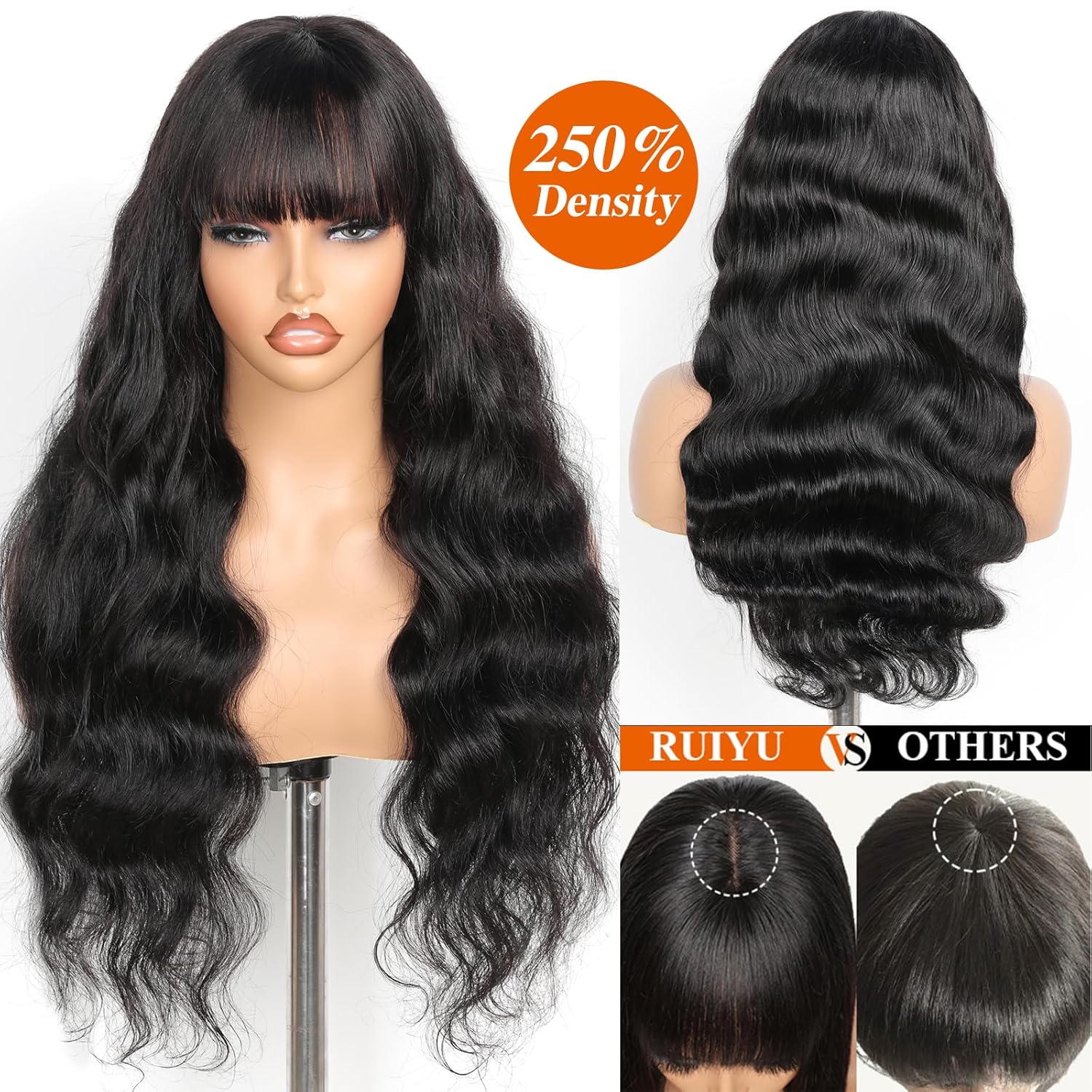 Ruiyu 250 Density Bang Wig Human Hair Glueless 2x4 Lace Closure Body Wave Wigs with Curtain Bangs Ready to Wear and Go Glueless Wig 100% Brazilian Virgin Human Hair for Black Women 20 Inch - Image 2