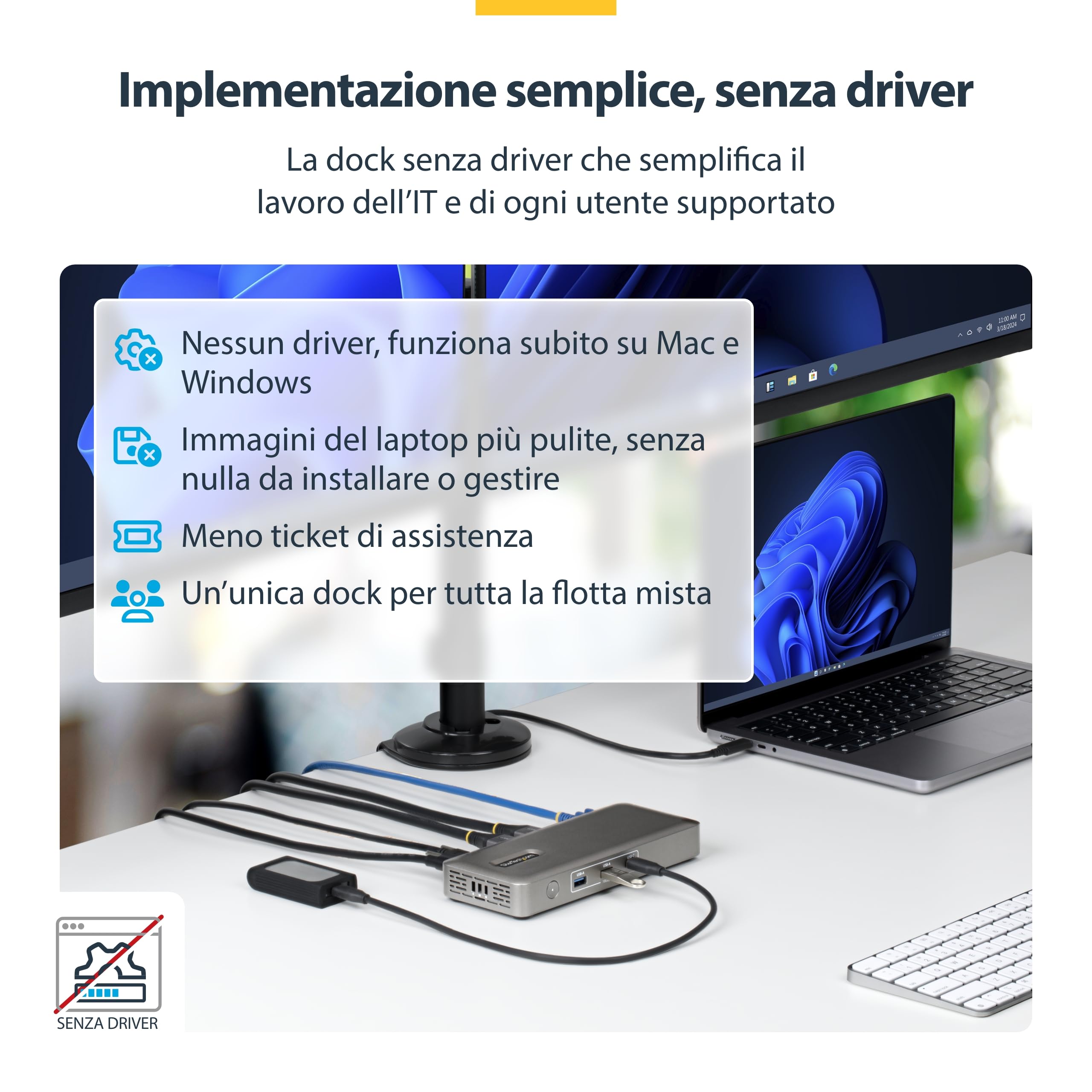 StarTech Docking Station USB4, Doppio Monitor 4K senza Driver per macOS e Windows, Dock USB-C Universale con Power Delivery da 100W per Laptop, Ethernet 2,5GbE