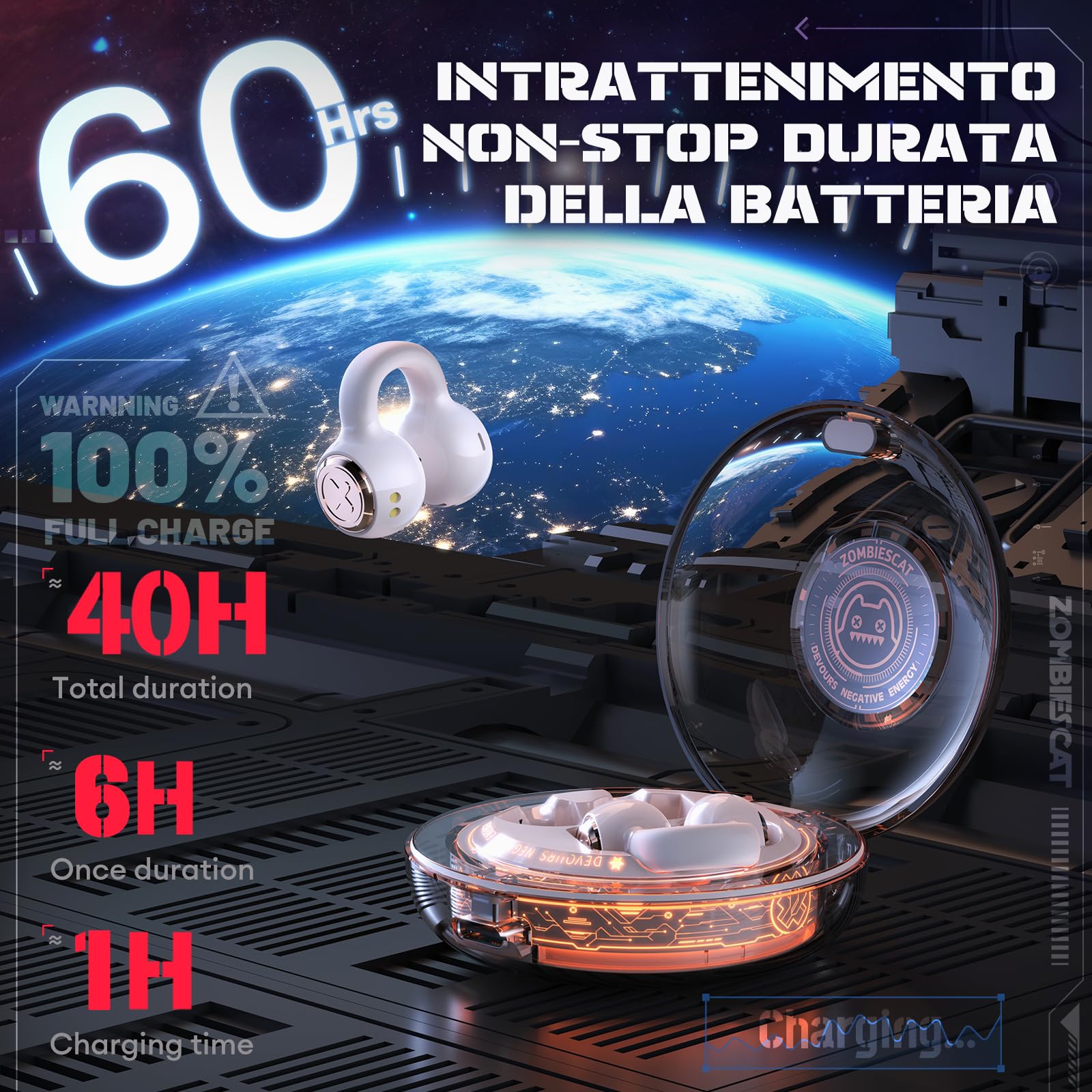 ZOMBIES CAT Cuffie Bluetooth Open Ear Auricolari Bluetooth 5.3 60H Playback cuffie sport stereo con bassi profondi Effetti di luce esclusivi cuffie senza filo per iOS Android, B3 Bianco