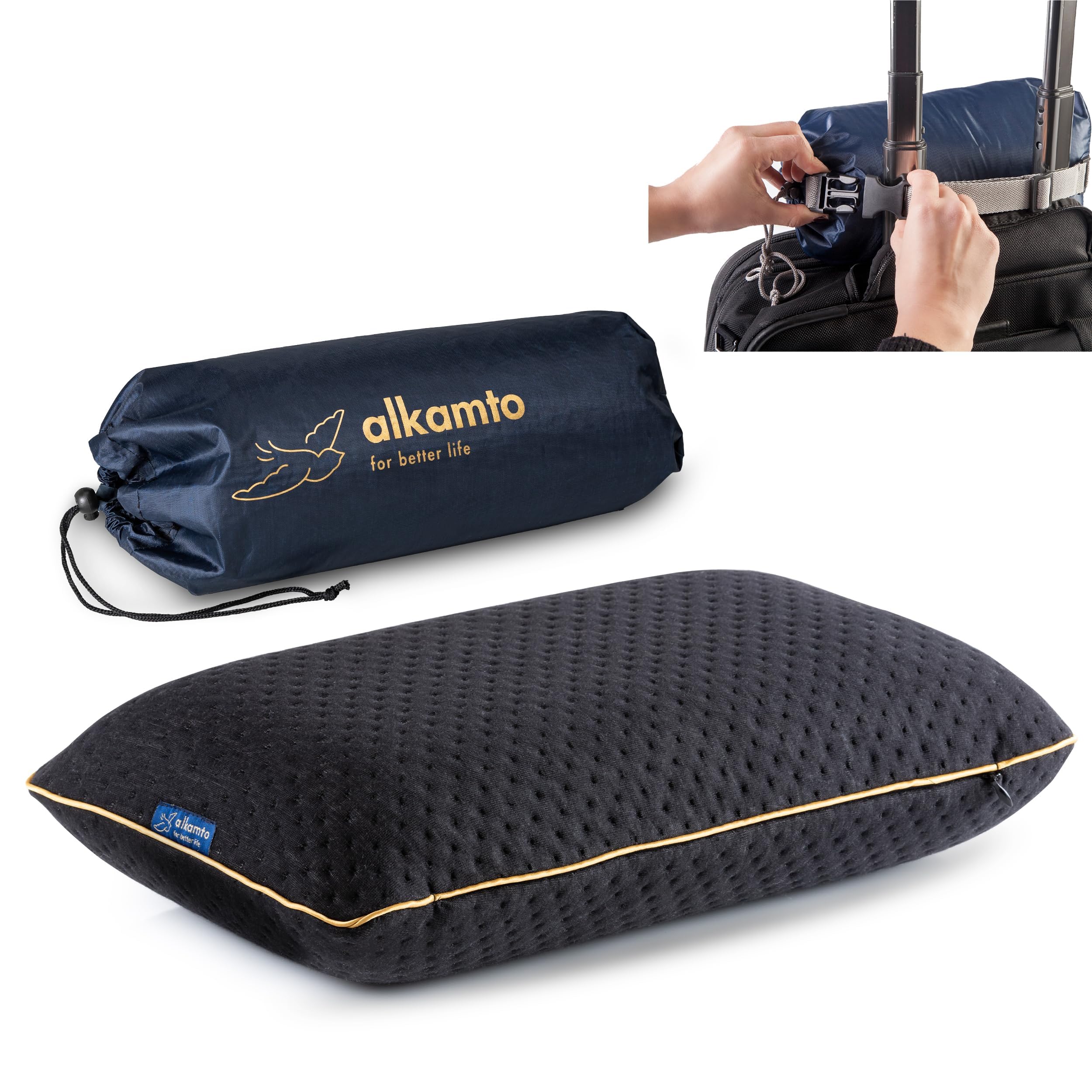 alkamto Travel Pillow - Ergonomic Neck Support Camping Memory Foam Pillow with Temperature-Regulating Pillowcase - Included Waterproof Travel Carry Bag