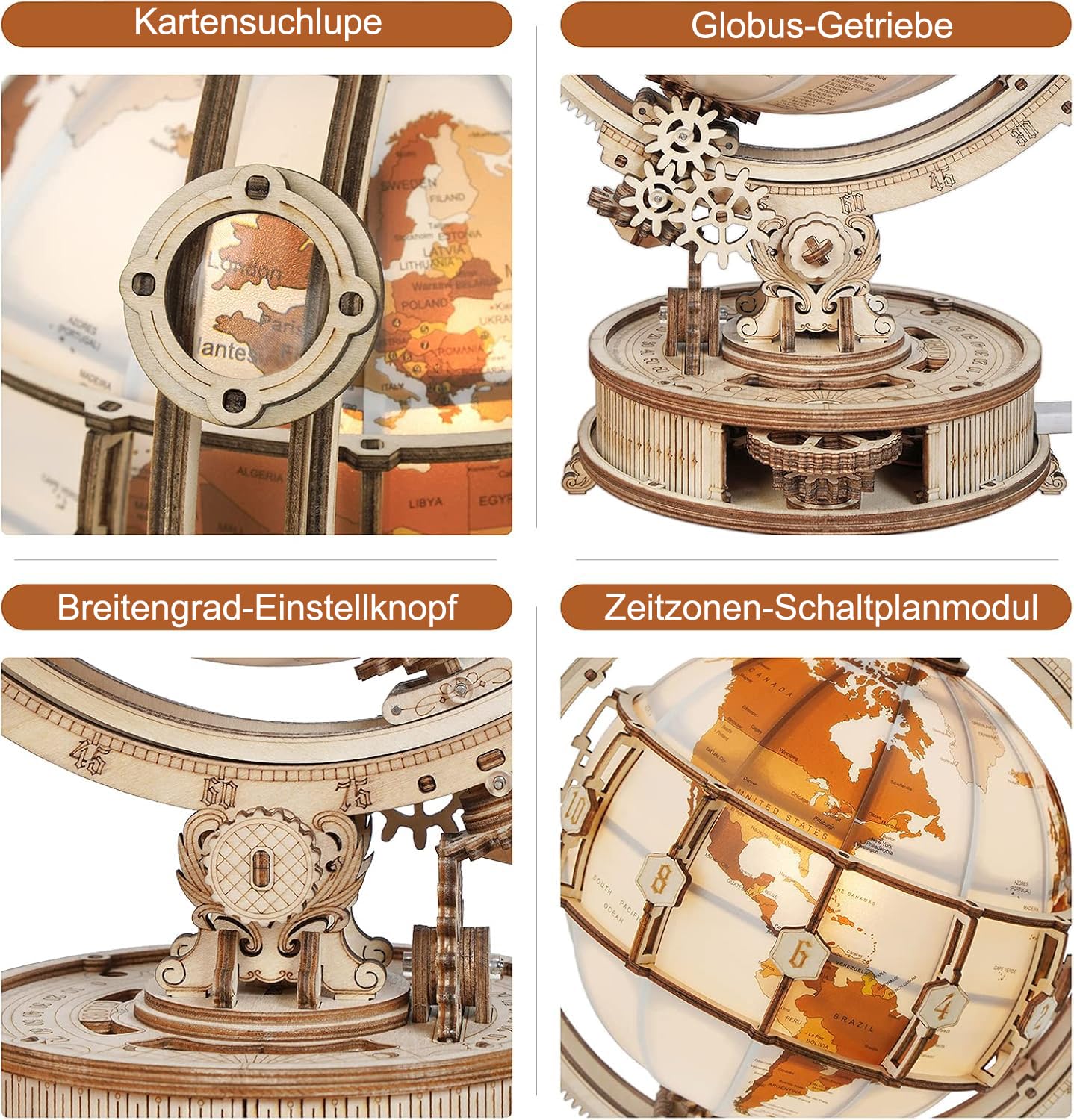 ROKR 3D Puzzle Holz Erwachsene, Holzpuzzle Modell Leuchtglobus Modellbau Bastelset Erwachsene mit LED Licht Weltkugel Bausatz Drehbar Luminous Globe Holzbausatz als Deko, Geschenk (180 Teilen)