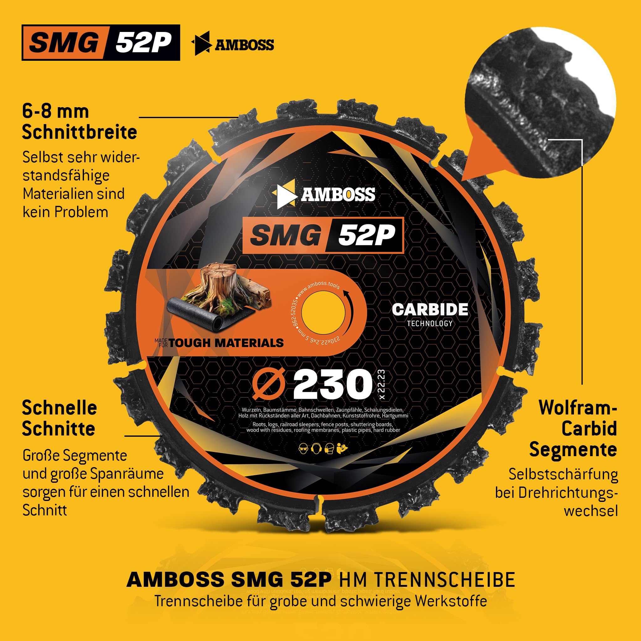 Amboss, SMG 52P, disco diamantato da taglio, per radici e tronchi d'albero, legno, gomma dura, asfalto, Ø 230 mm x 22,2 mm, 1