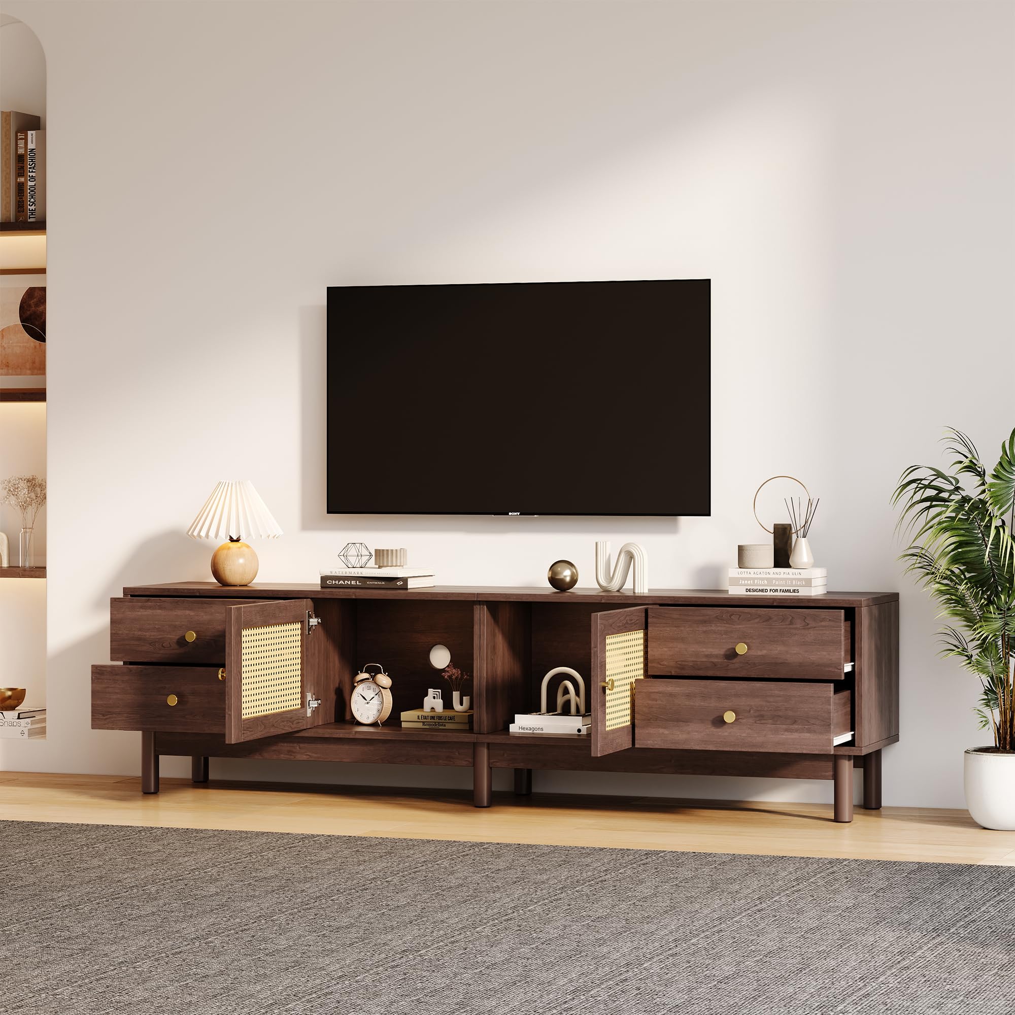 Rattan-TV-Lowboard mit 4 Schubladen & 2 Türen, Dunkelbraun, 180 cm