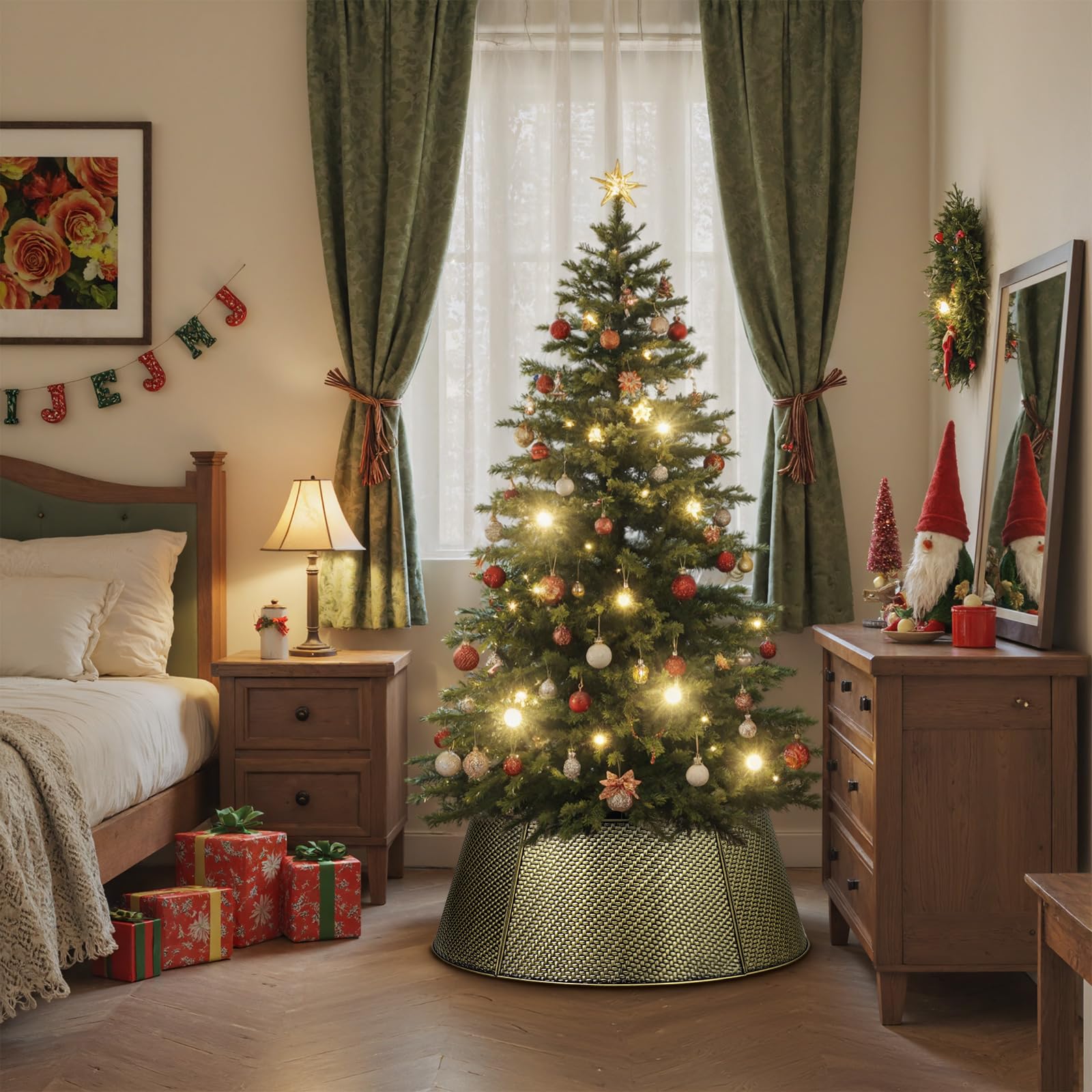 Lanpn Metall Weihnachtsbaum Kragen 70cm, Weihnachtsbaum Halsband Christmas Tree Collar Für Mittelgröße M Wetterfest Für Kunstbäume Innen Außen - Weihnachtsdekoration (Gold, Köperbindung)