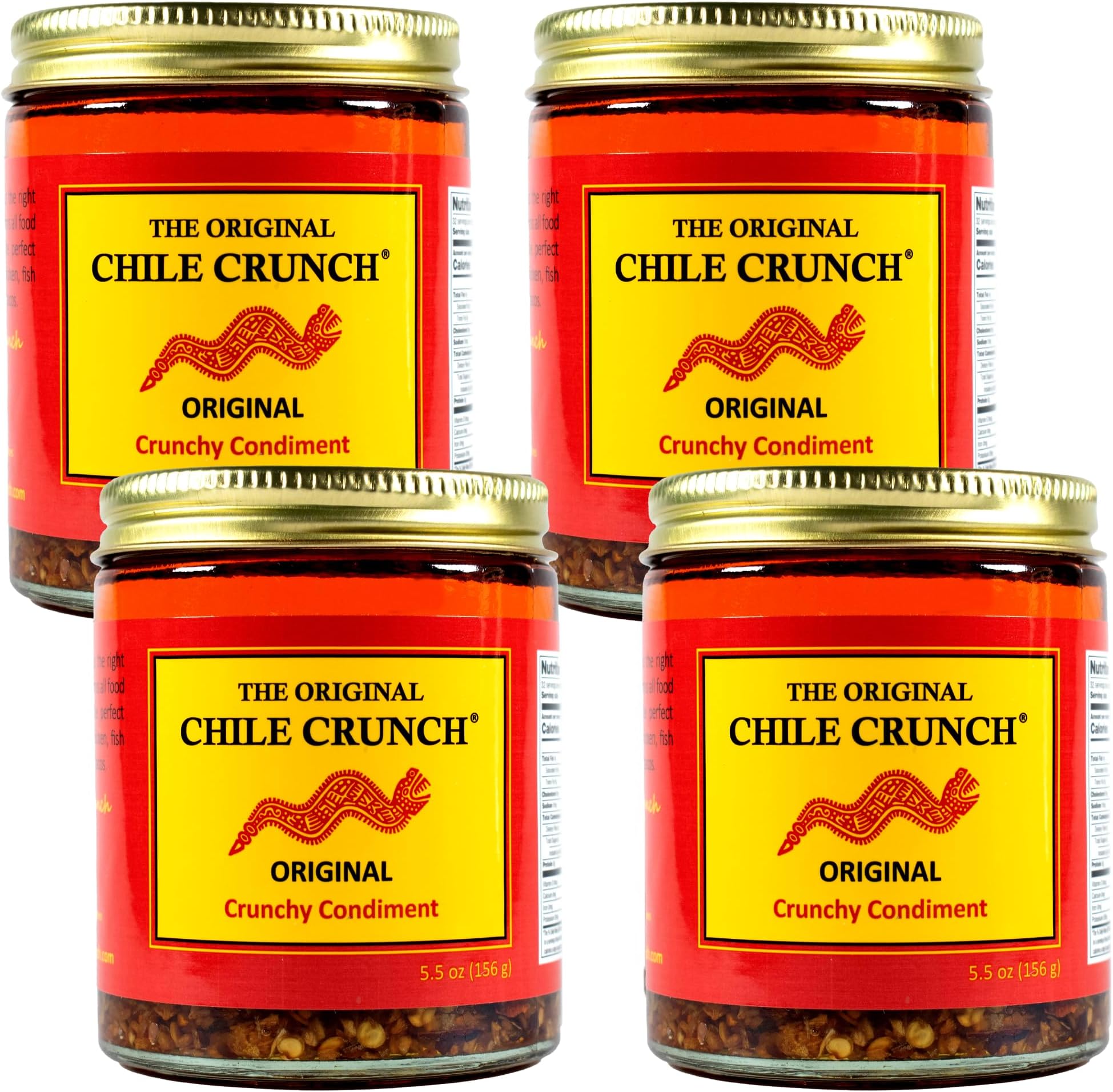 CHILE CRUNCH - Original Spicy Crunchy Condiment - All Natural Roasted Chili Peppers, Garlic & Onion Crisp Sauce - Vegan, Gluten-Free, No Preservatives - Homemade Authentic Mexican Recipe 5.5oz (4 Pack)