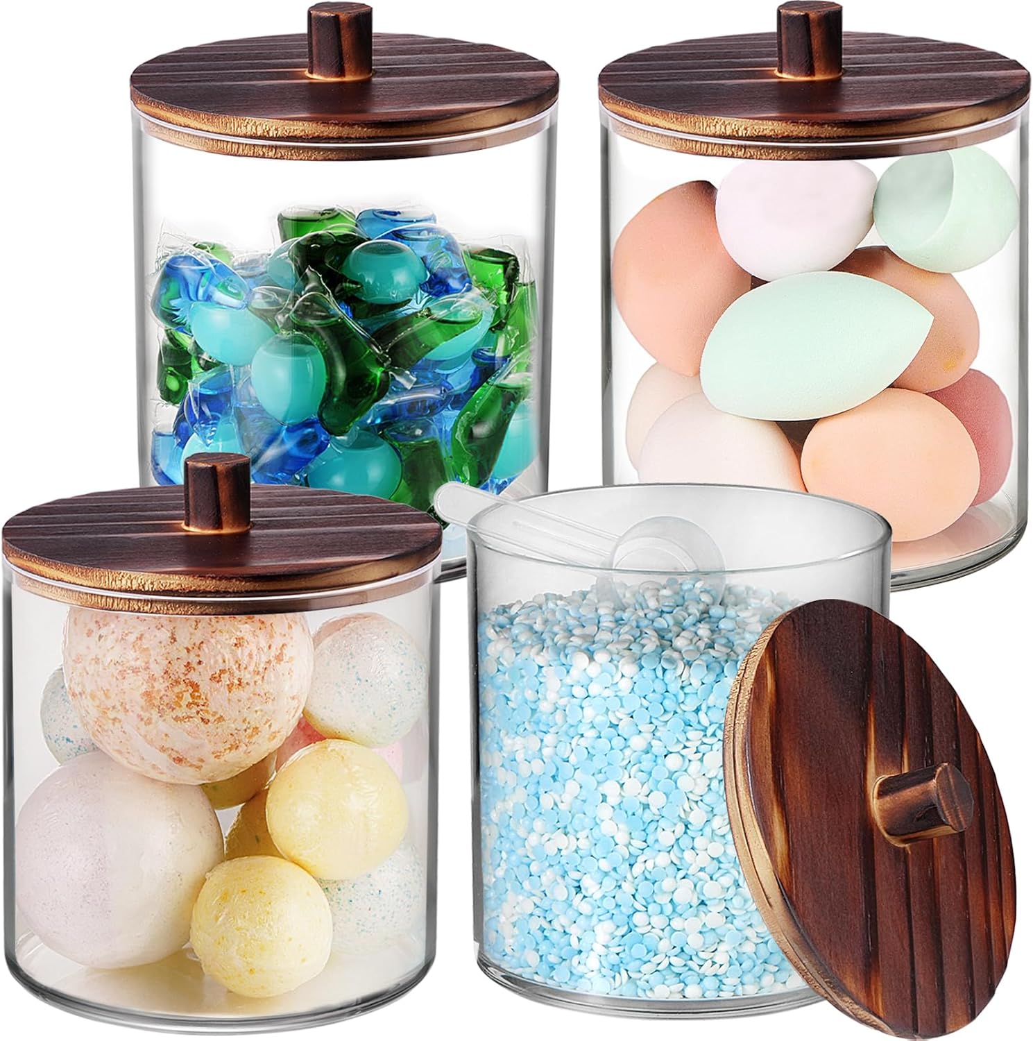SheeChung 4 Pack 50 Oz Dark Wood Lid Large Apothecary Jar - Rustic Farmhouse Laundry Room Decor - Container for Bathroom Organization - Clear Storage Canister for Scent Beads & Salts