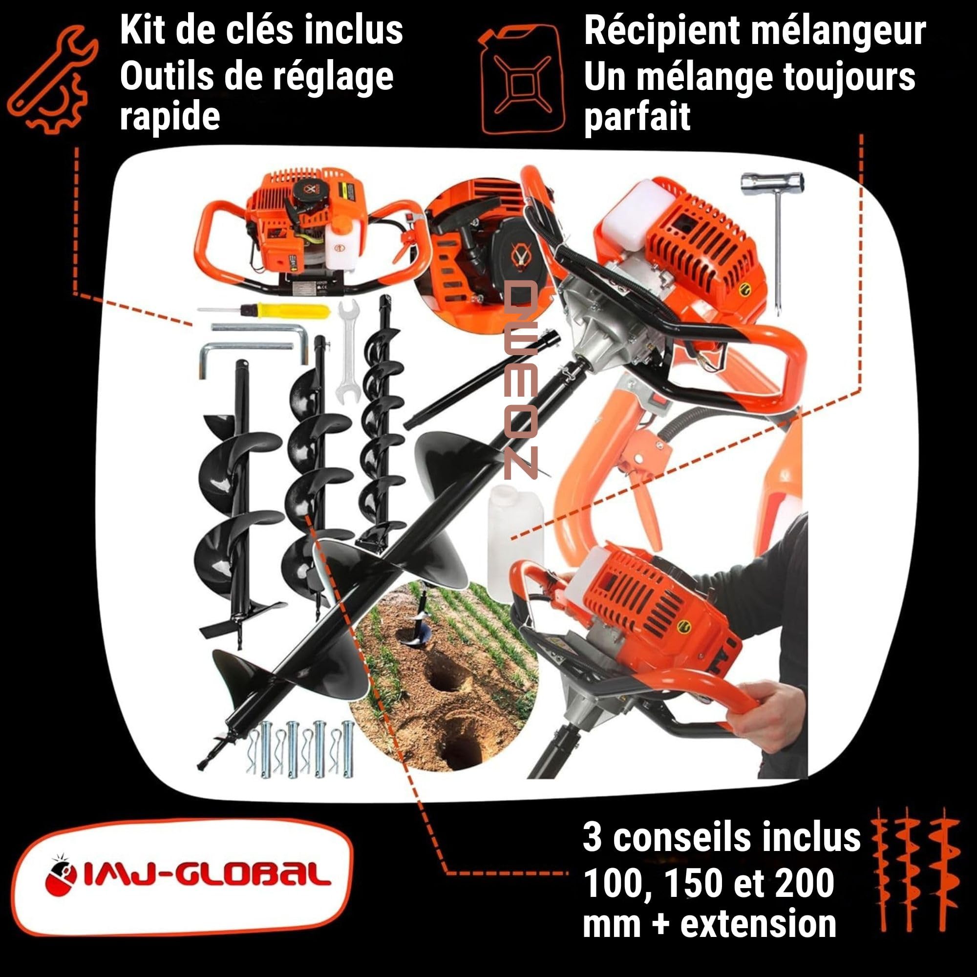 IMJ-Global - Tariere Thermique 2 Temps 62cc - 5,2 CV, Mélange Essence/Huile, Tarière Thermique Professionnelle pour le Jardin et le Terrain, avec 3 Embouts de Ø 100 mm, 150 mm et 200 mm