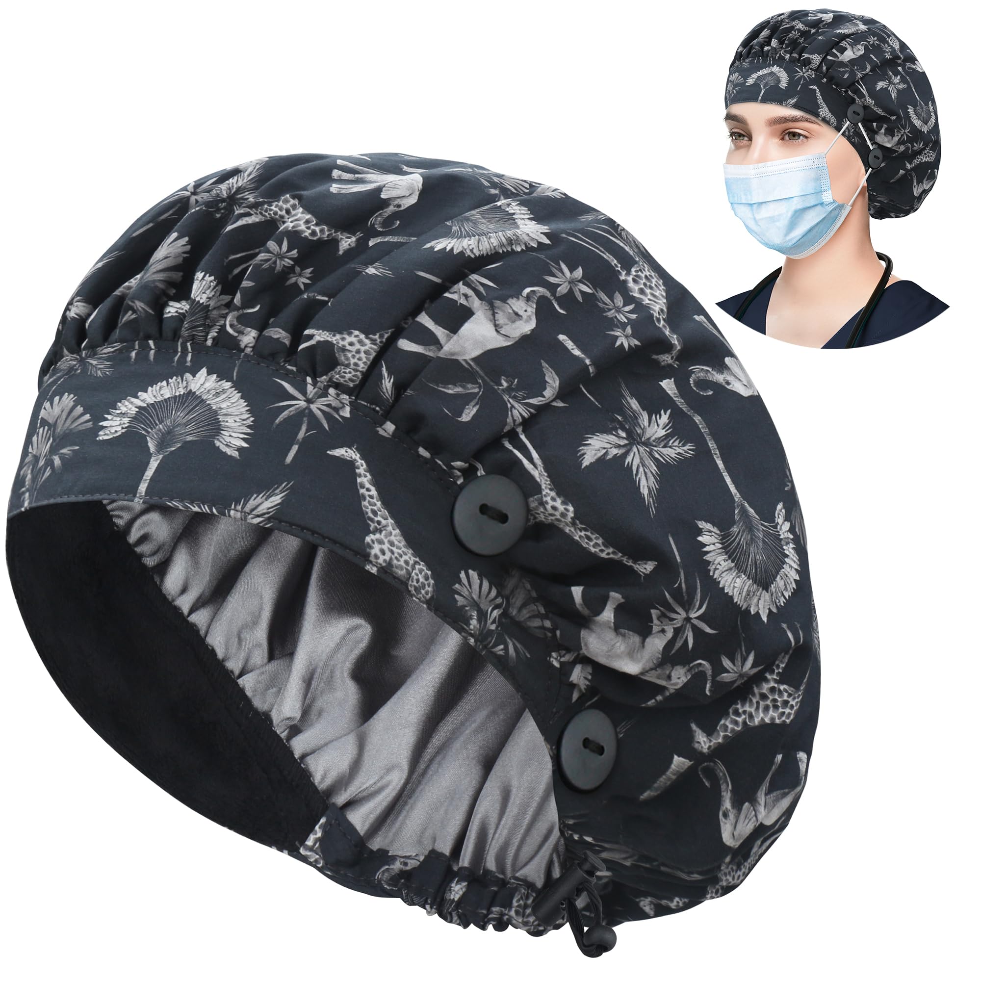 ABAMERICA Bouffant Caps with Button and Sweatband, Adjustable Scrub Caps for Women Men, One Size Multi Color