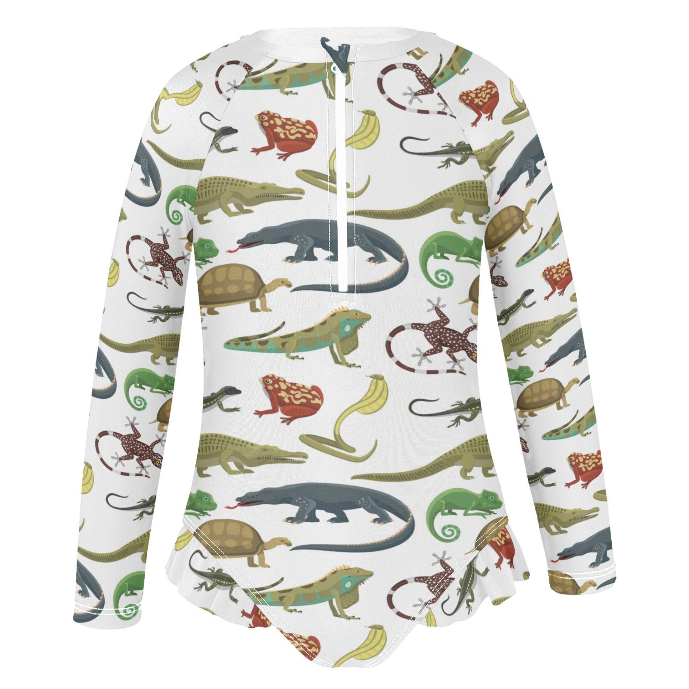 Vozoza Reptiles Animals White Baby Girl Bathing Suit Long Sleeve UPF 50+ One Piece Toddler Swimsuit Size 11-12y