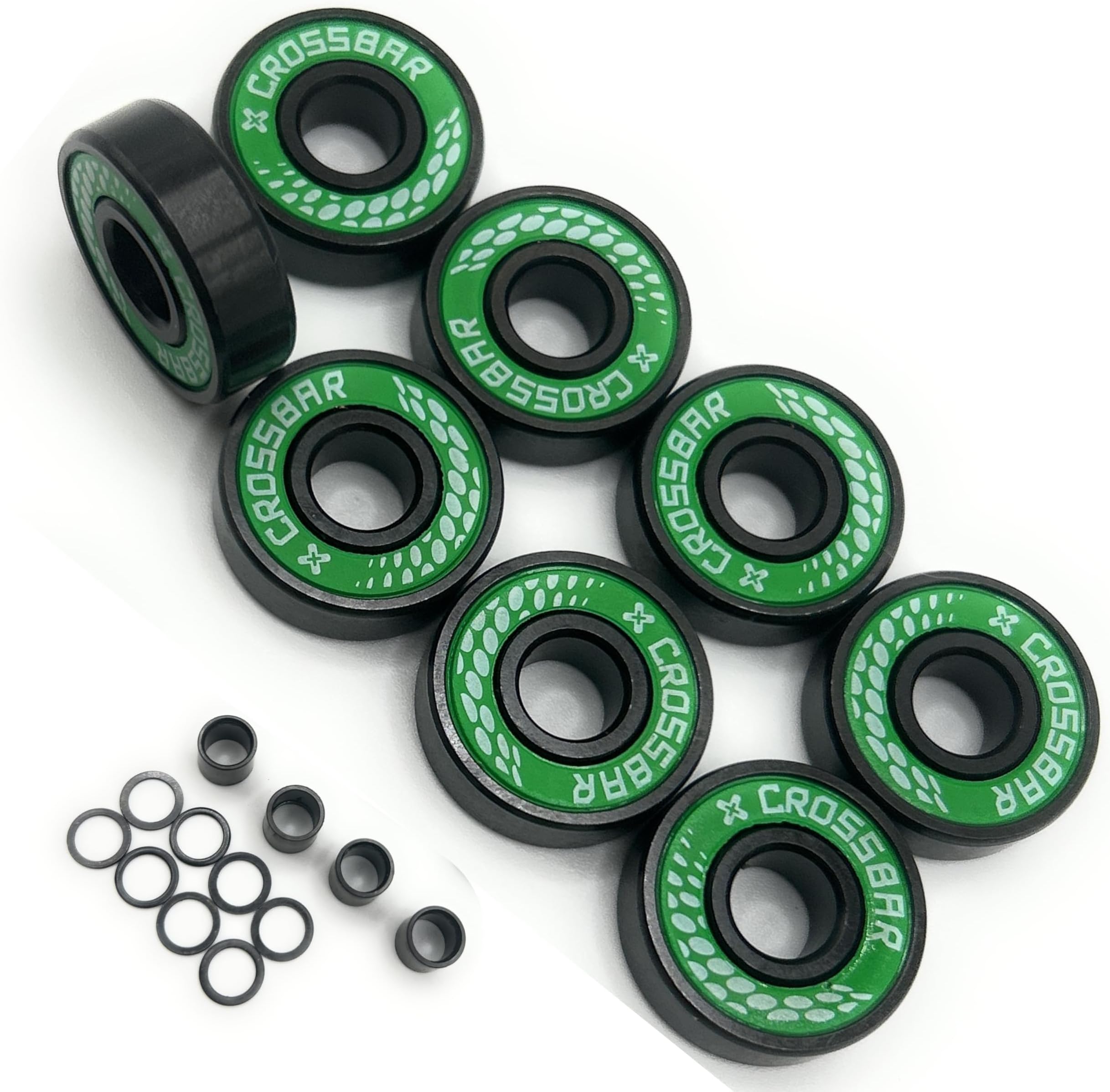 Crossbar ABEC-7 Inline Skate Bearings – 8 Pack with Spacers & Washers – Roller Hockey & Rollerblade Replacement Bearings