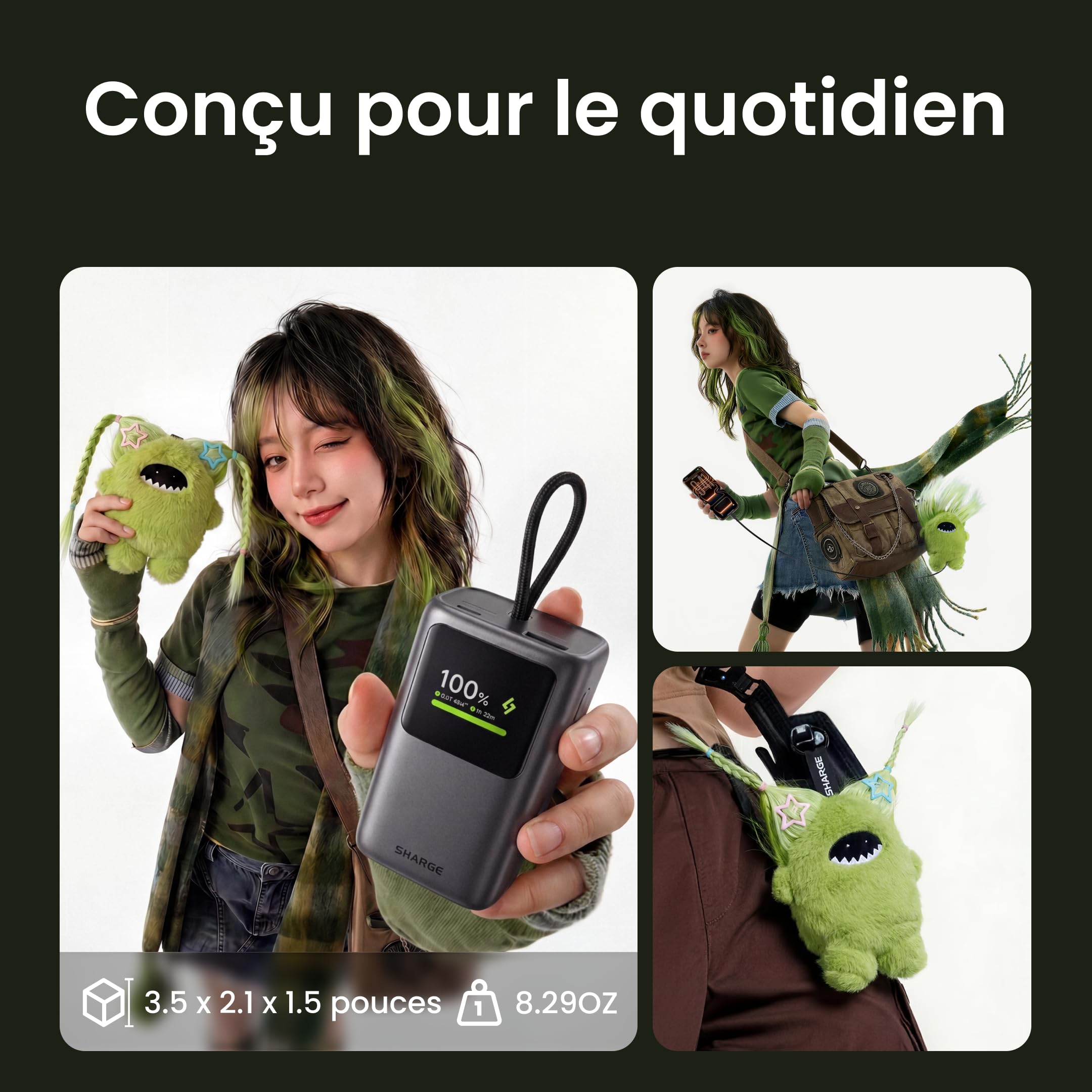 sharge 45W Fast Charging Power Bank, Batterie Externe 10000mAh avec câble USB-C rétractable intégré, écran Intelligent et Charge Rapide 45W pour iPhone 17/16, iPad et MacBook Air