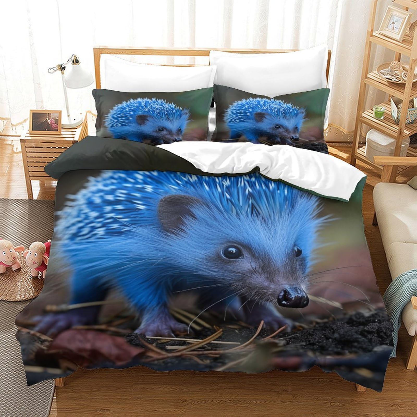 P1S9U7W5Y 3D Printed Blue Hedgehog Pattern Duvet Cover Set 3pcs Microfiber Animal Bedding Set Home Decor King（220x240cm）