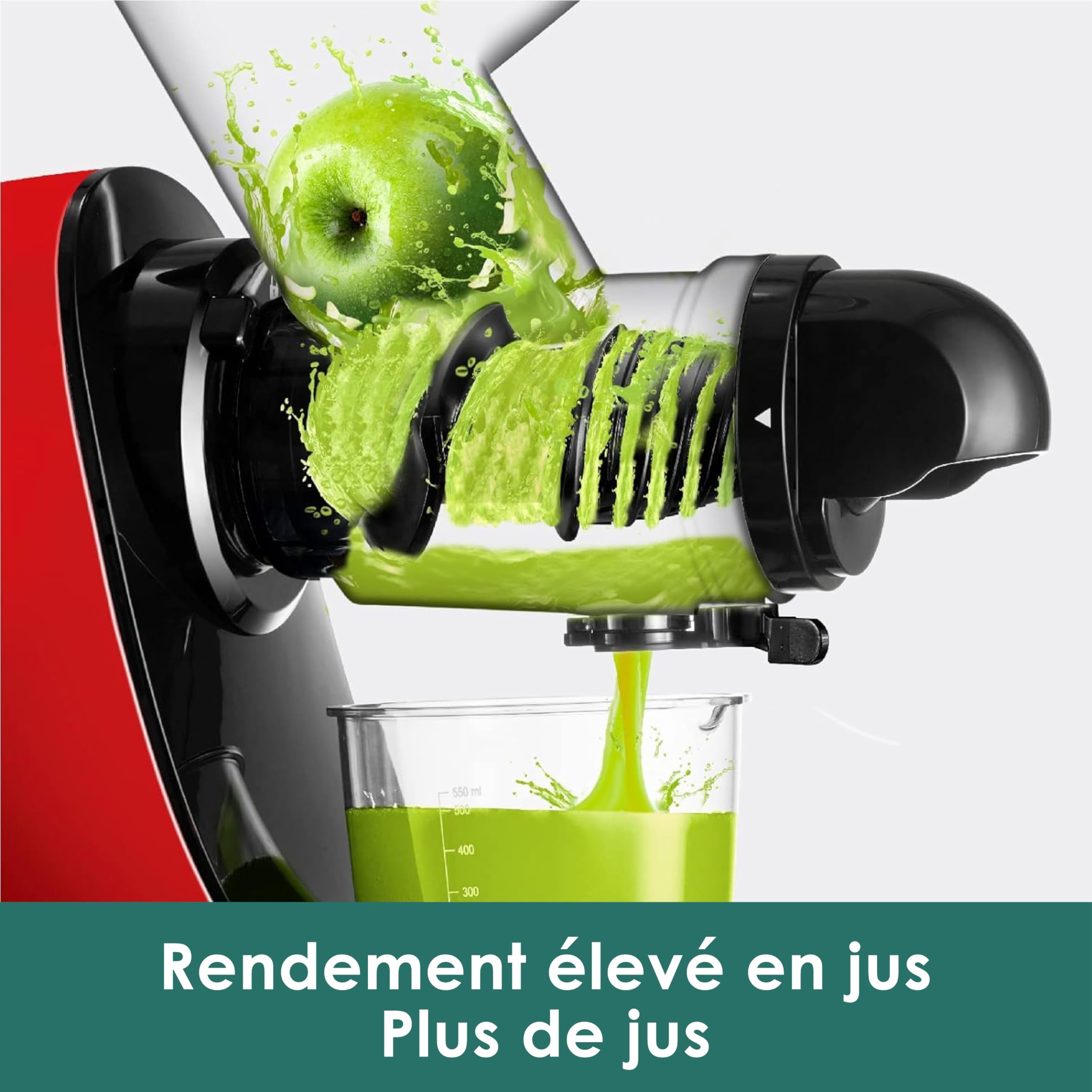 Fretta Extracteur de Jus à Pression à Froid, Goulotte 76 mm, Presse-agrumes sans BPA, Rouge