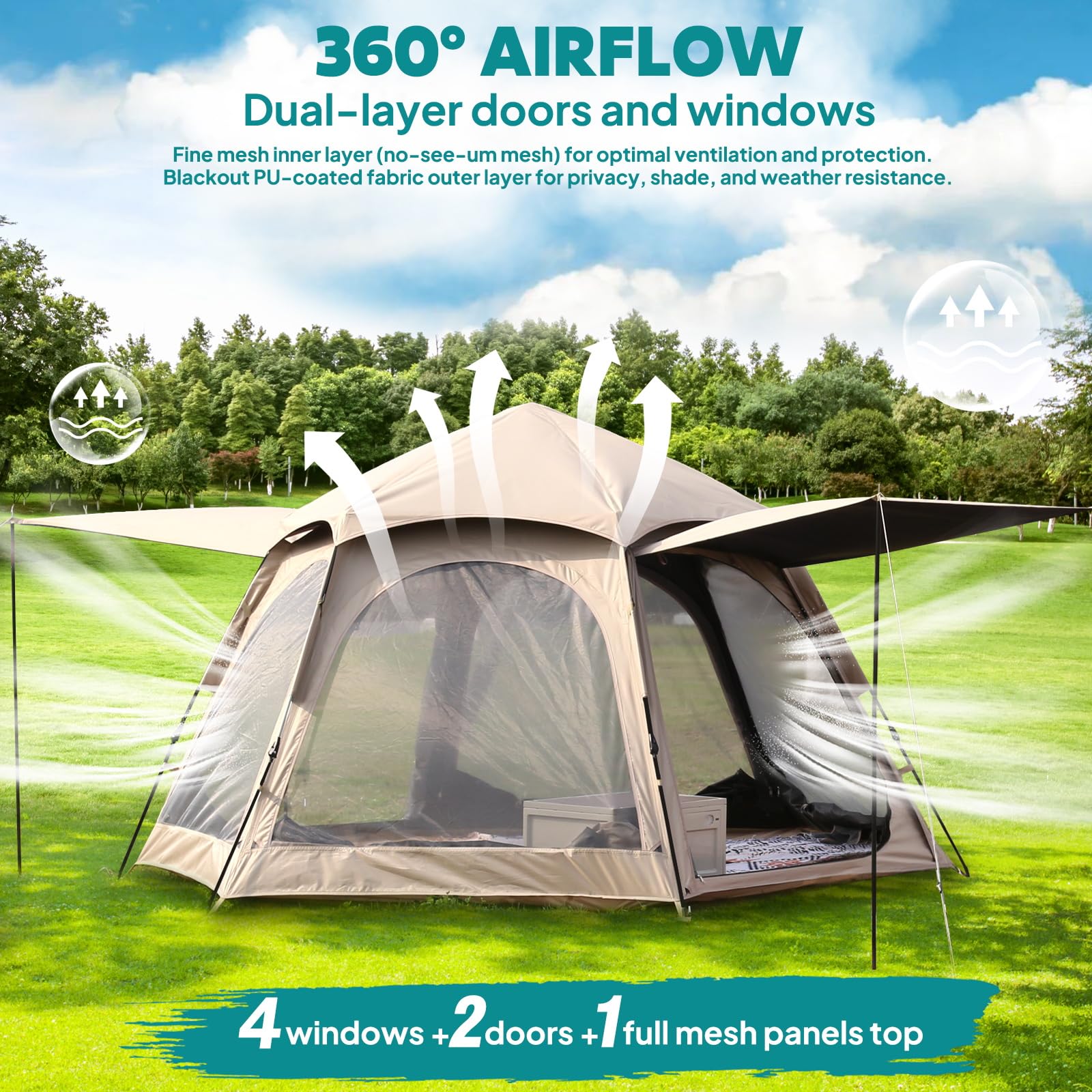 Chihee Tiendas de campaña Pop Up Tienda Hexagonal Fácil de Montar Instantánea Recubierta de PU Poliéster Cabaña Familiar con Toldo Impermeable Protección UV A Prueba de Viento Refugio al Aire Libre