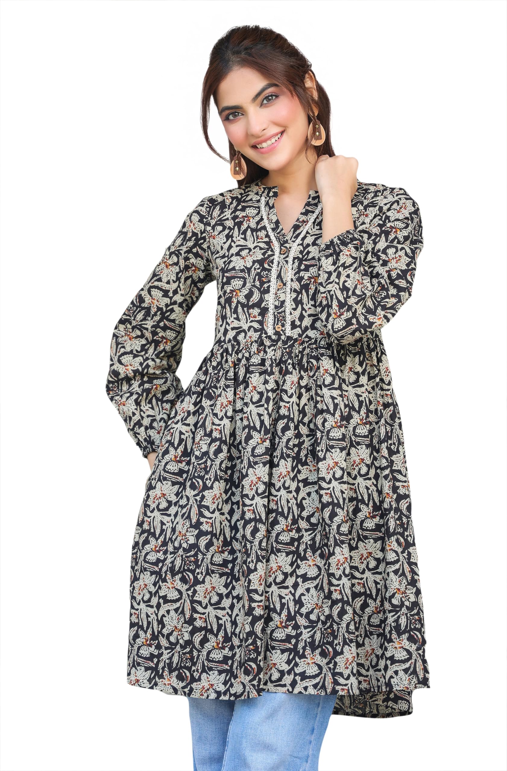 janasya Women's Black Pure Cotton Floral Print Flared Tunic-picture-41