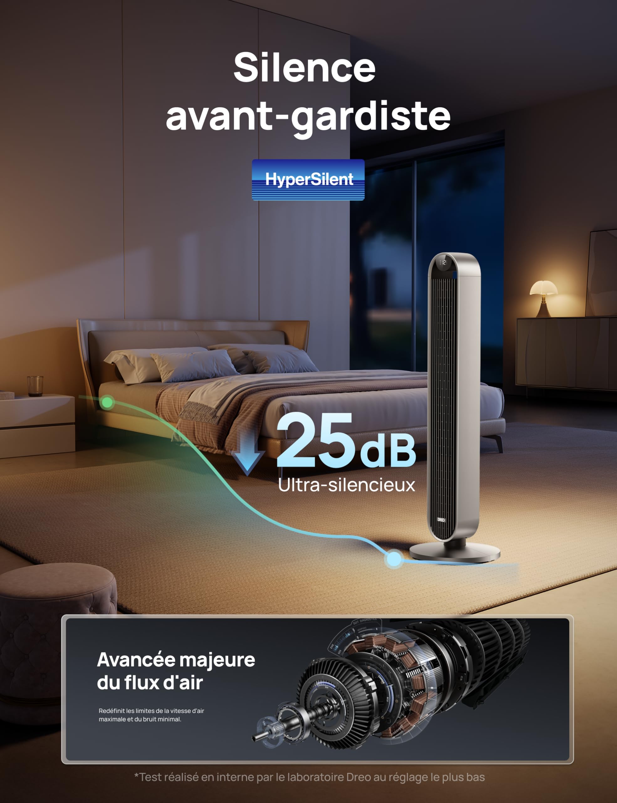 DREO 25dB Pilot Max Smart WiFi Ventilateur colonne avec Commande Vocale, Fonctionne avec Alexa, Contrôle APP, Ventilateur silencieux sans pale avec télécommande, Oscillant à 120°, 4 modes 12 vitesses