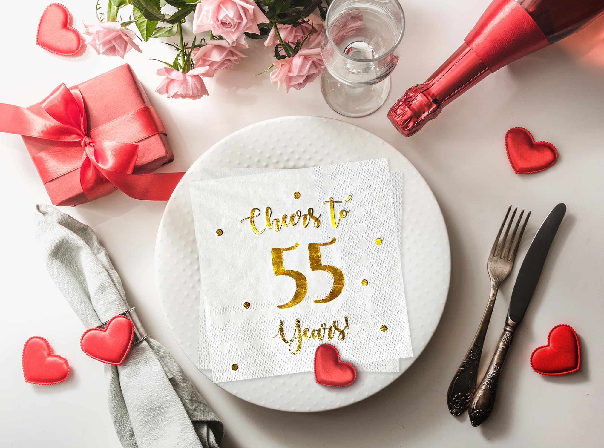50 Stück Cocktail Servietten 'Cheers To 55 Years' – 12,7x12,7 Cm, 3-lagig, Goldene Konfettipunkte, Für Geburtstag & Hochzeitstag