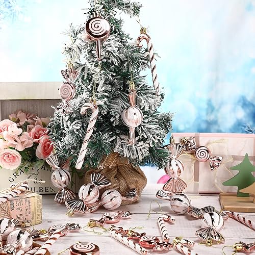Miniatura 5 de Shappy 60 piezas de adornos colgantes de caramelo de Navidad de bastón de caramelo, piruleta de menta, decoración de árbol de Navidad con purpurina,