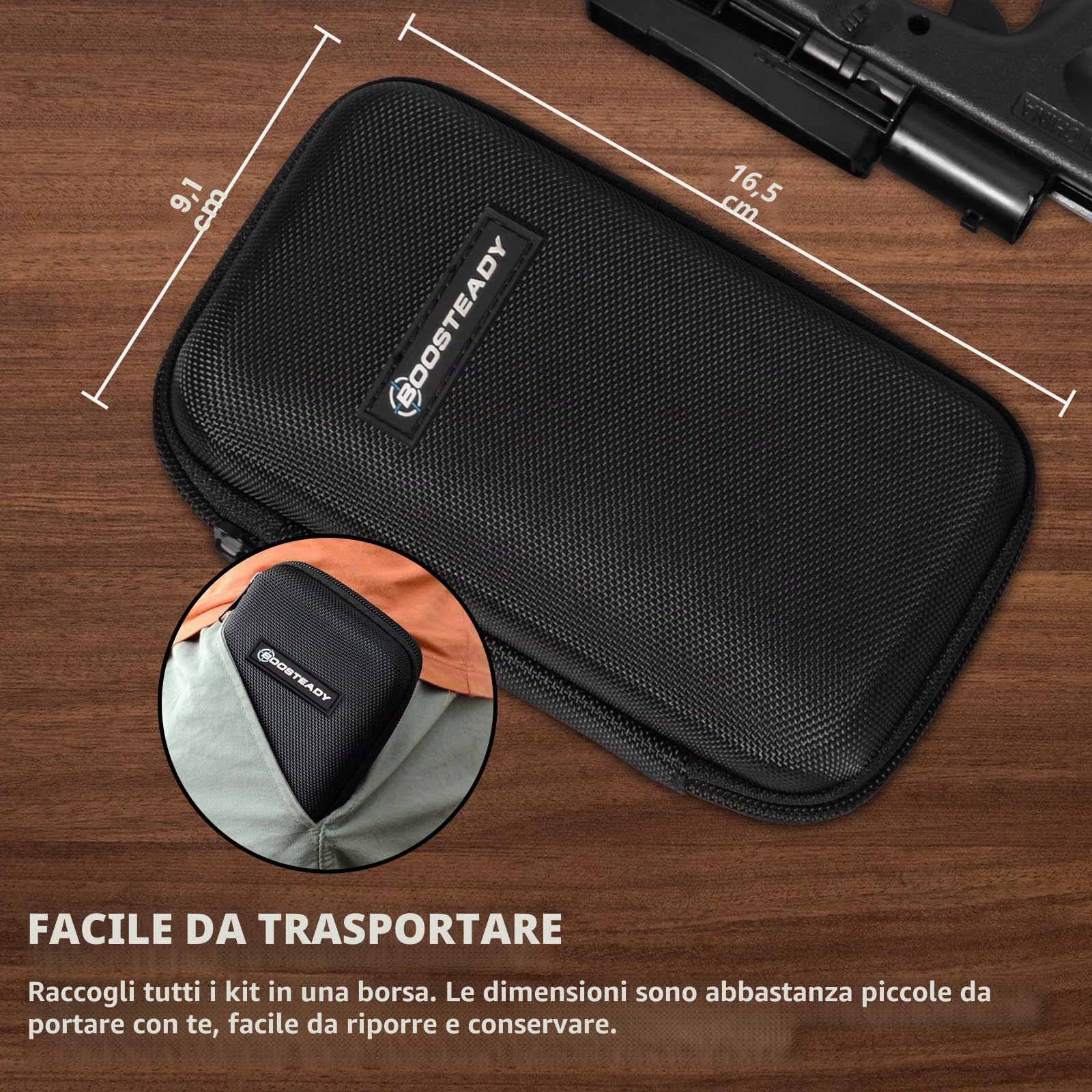BOOSTEADY Kit di pulizia universale per pistole .22,.357,.38,9mm,.45 Calibro Pistola Kit di pulizia Spazzola in bronzo e adattatore Jag in ottone