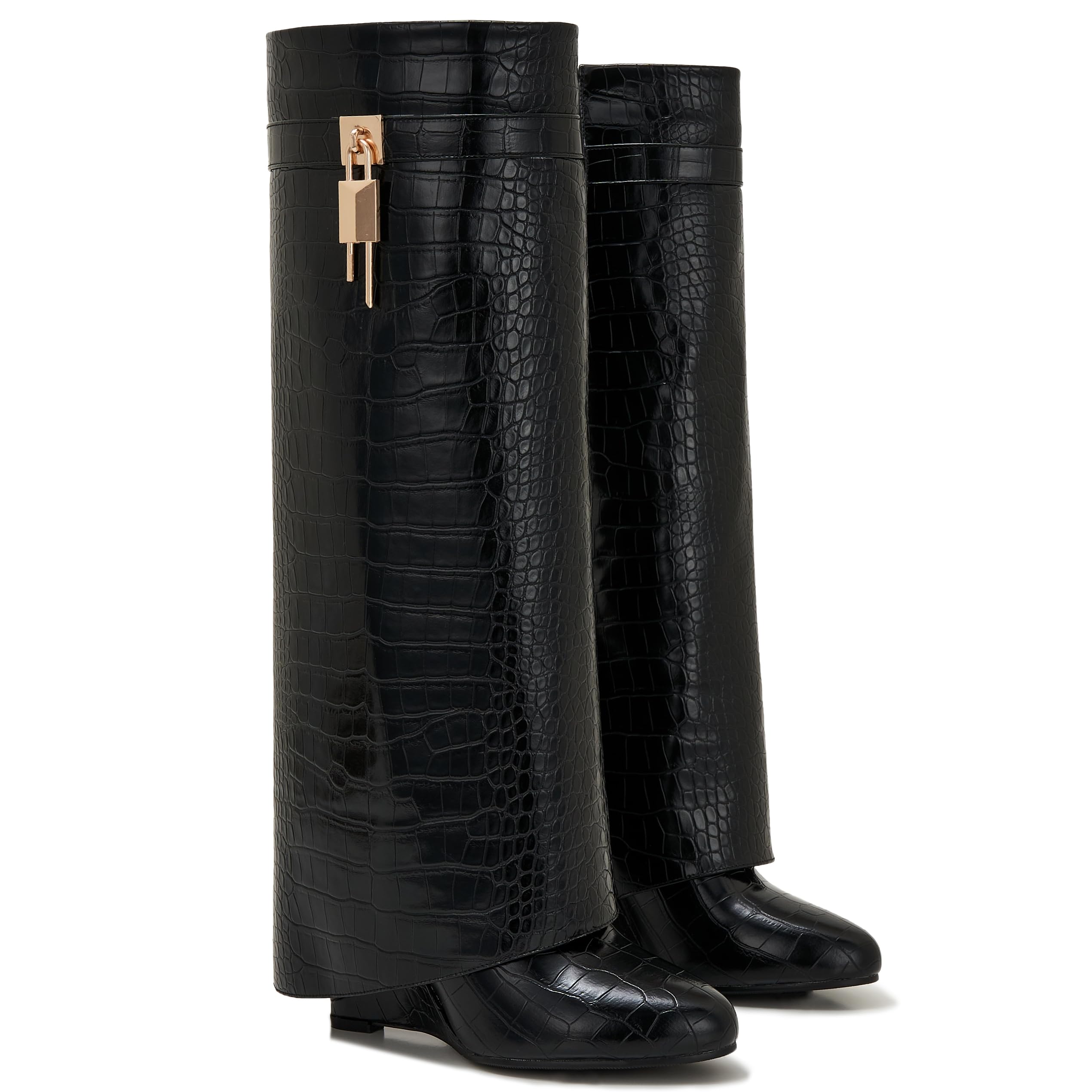CDHYX Fold Over Boots for Women Pointy Pull-on Wedge Heel Knee Shark Boot With Side Zipper Padlock Design: 5.5 Black-crocodile-1