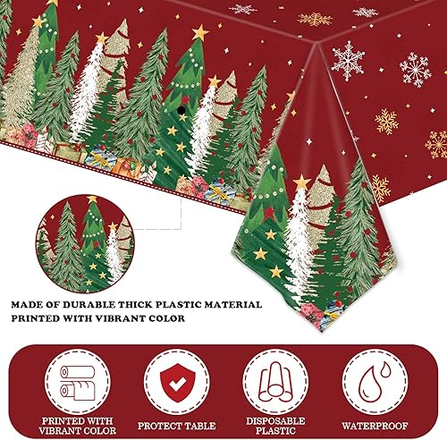 Miniatura 4 de Paquete de 3 decoraciones navideñas de 54 x 108 pulgadas con borde de árbol de Navidad, funda de plástico desechable de copo de nieve rojo para