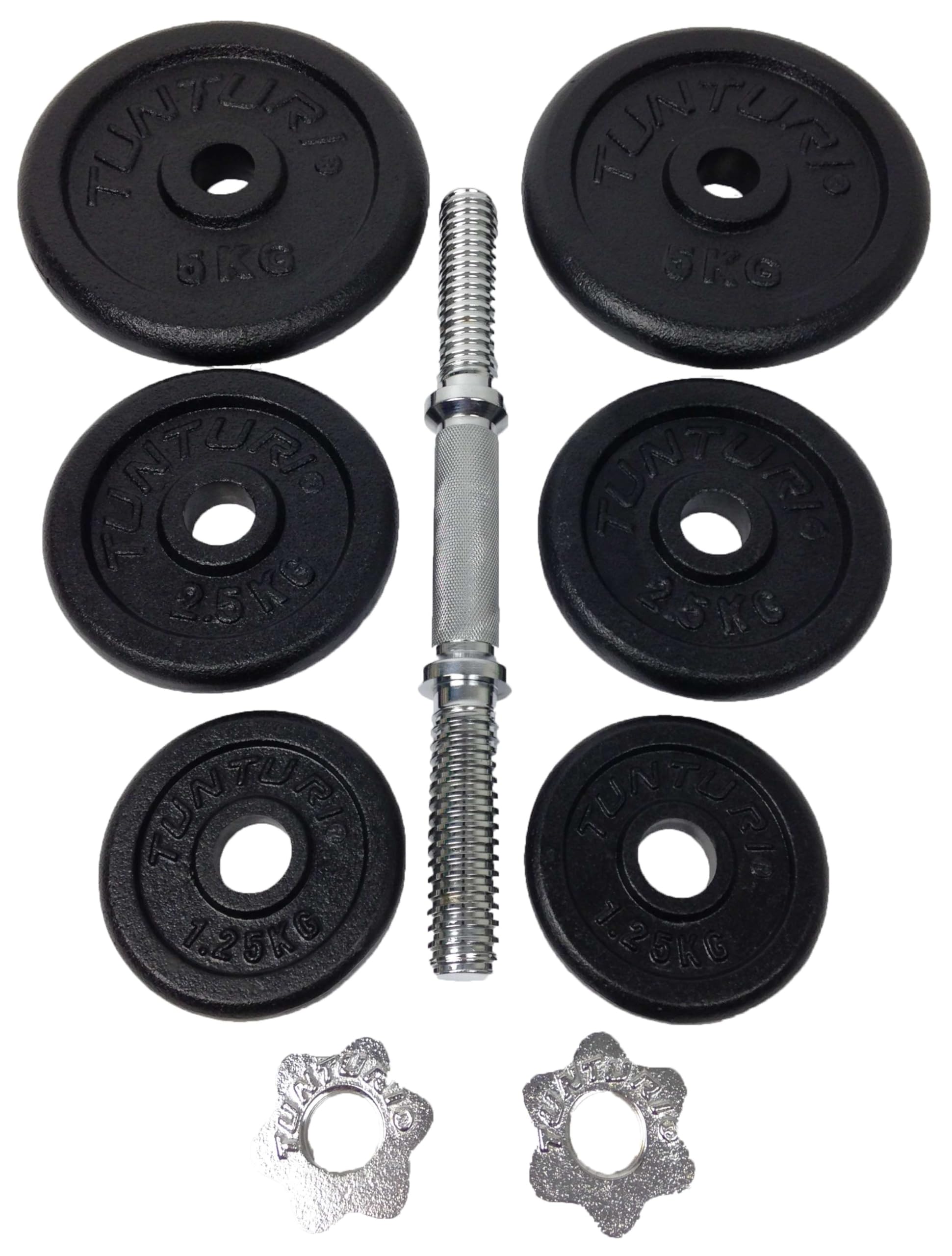 Tunturi Hantel Gusseisen 20kg - Hantelset mit Schraubverschluss - Kurzhantelset - 1 Hantelstange - 30mm - inklusive kostenlose Fitness-App