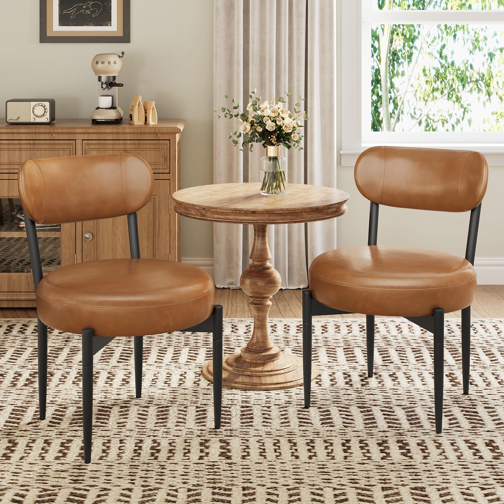 Upholstered Dining Chairs Set of 2, PU Leather Dining Room Chairs with Sturdy Metal Legs, Kitchen Chairs for Dining Room/Kitchen/Restaurant/Hotel, Modern Style, Brown