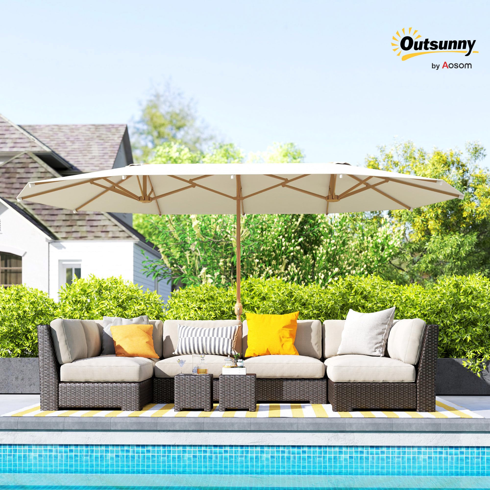 Outsunny Sombrilla Doble 4,6x2,7 m Sombrilla Terraza Exterior con Manivela Manual Resistente al Agua y Protección Solar Parasol Grande para Terraza Playa Piscina