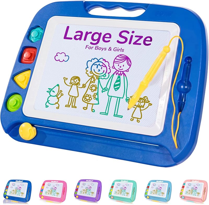 SGILE Juguetes para niños, tablero de dibujo magnético grande para regalo de cumpleaños, juguetes para niñas de 1 2 3 4 años, bloc de grabado y dibujo con 4 sellos, aprendizaje y educativo, 16 × 13 pulgadas, azul