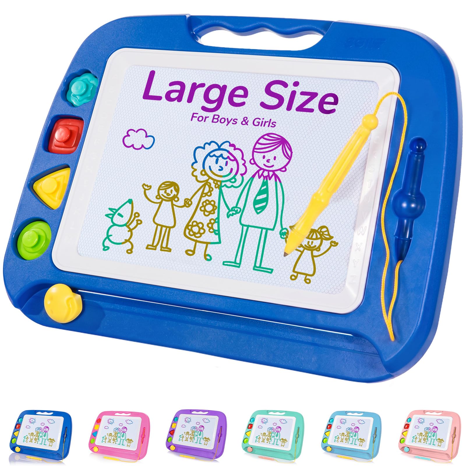 SGILE Magnetic Drawing Board for Kids, Toddler Doodle Toys, Large 16 × 13" | Etch & Sketch Pad with 4 Magnet Stamps, Girls & Boys' Birthday Gift,1-4 Year Old, Learning & Educational, Writing Play, Blu