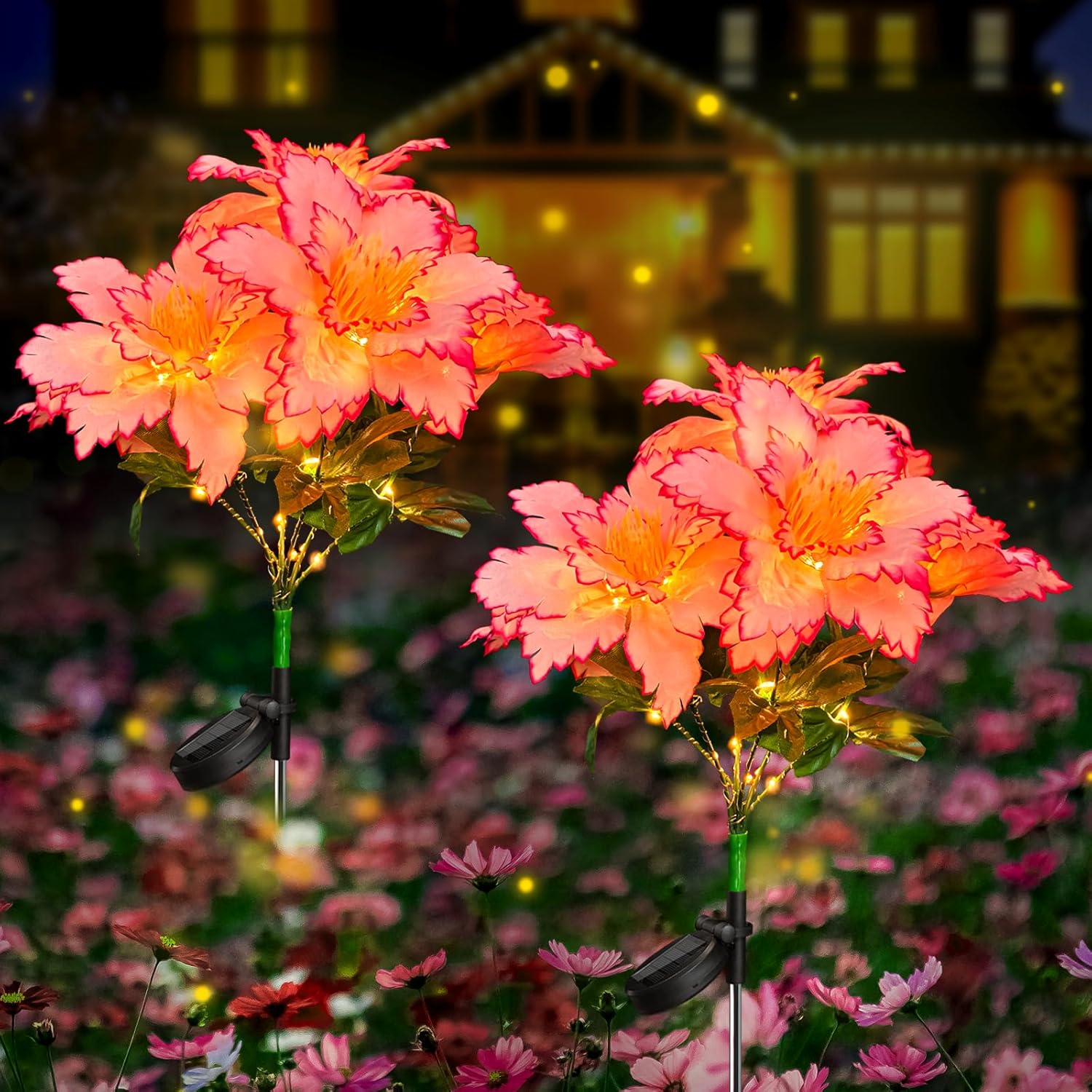 Neporal Solar Flowers Outdoor Waterproof Rhododendron，Garden Solar Lights Decorative 4PK 7-Stem, 2 Decor Lighting Modes, Solar Powered Garden Decor, Solar Yard Decor (Pink-2PK)
